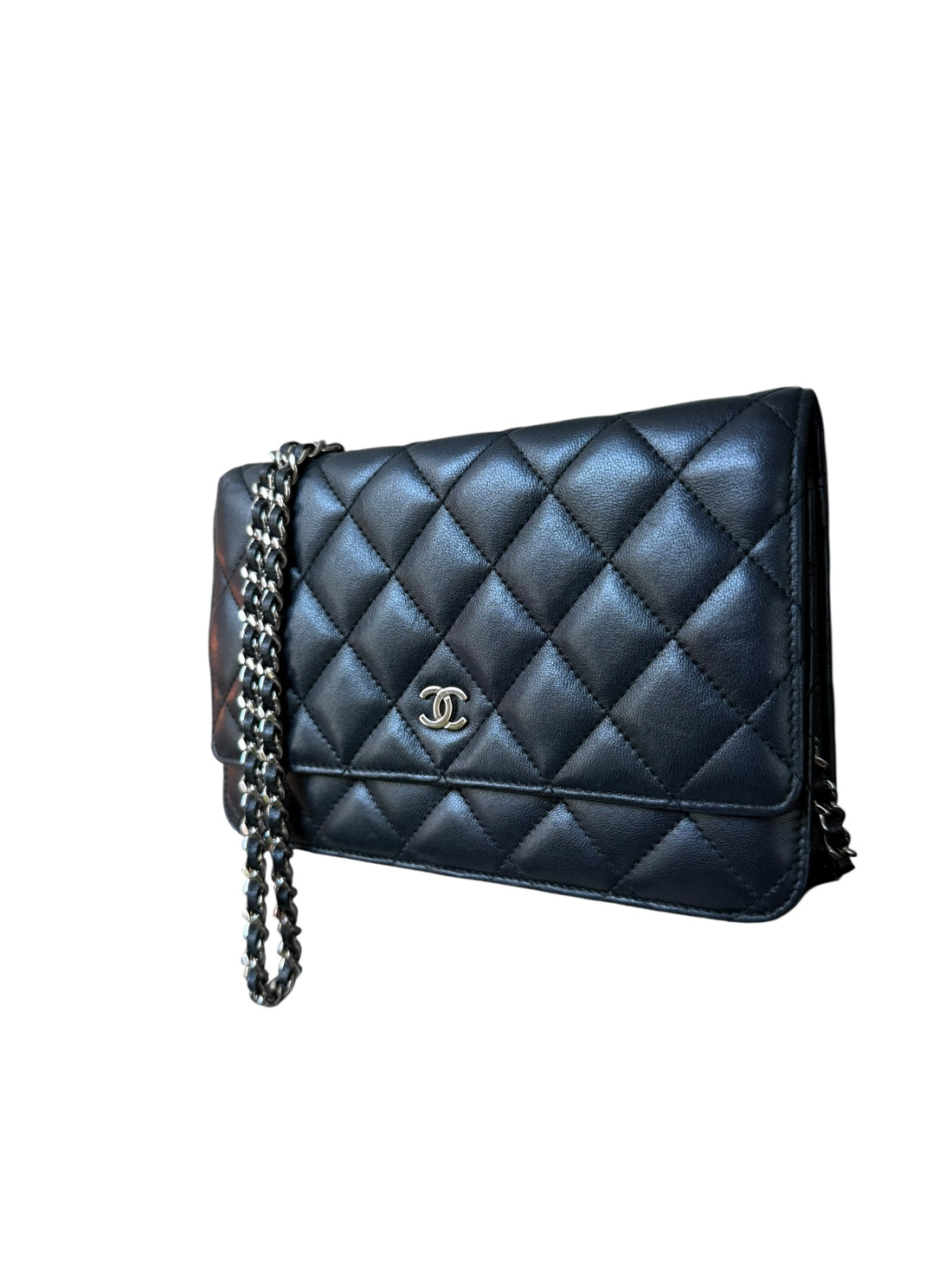 Chanel WOC Wallet on Chain aus schwarzem Lammleder und silberfarbener Hardware