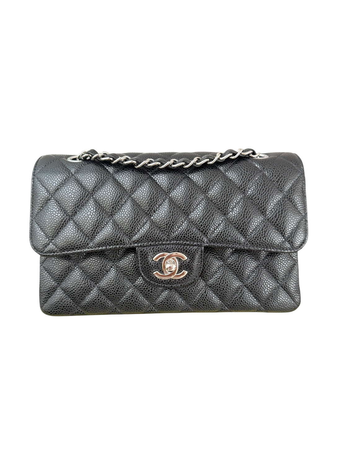 Chanel Small Classic Double Flap Bag aus schwarzem Caviarleder und silberfarbener Hardware