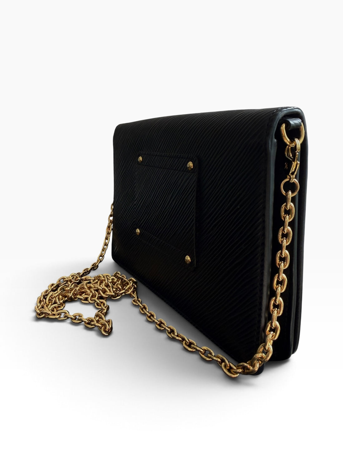 Louis Vuitton Twist Chain Wallet aus schwarzem Epi-Leder mit einem markanten, goldfarbenen LV-Drehverschluss.