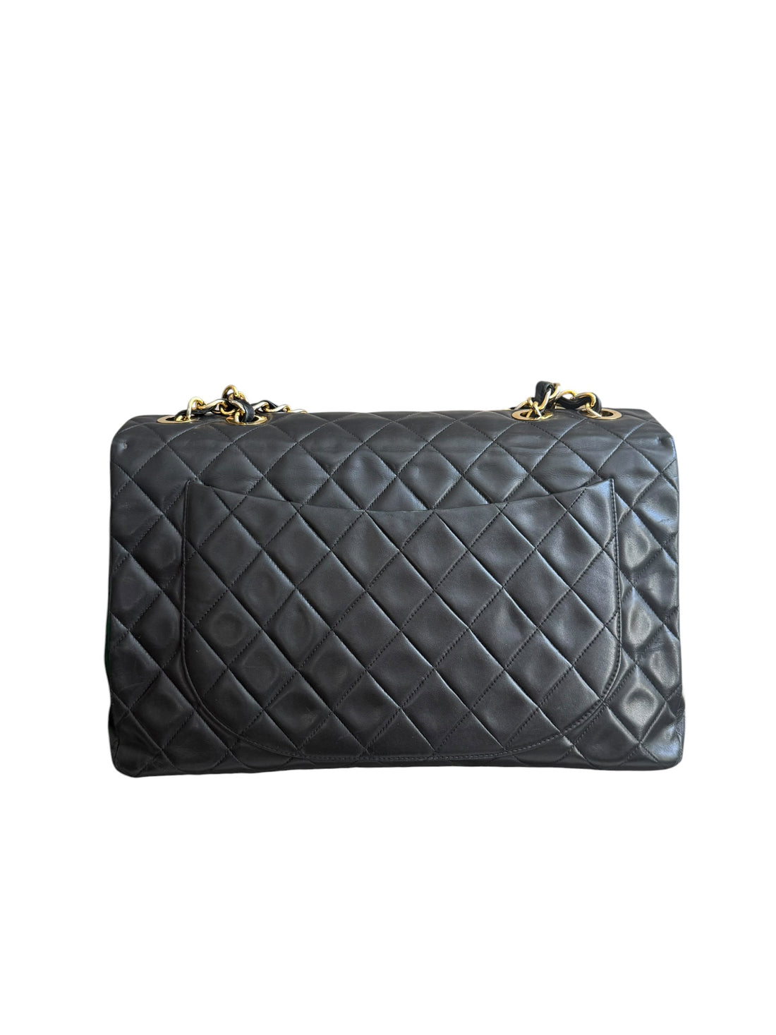 Chanel Classic Flap Bag Maxi Vintage aus schwarzem Lammleder und 24 Karat vergoldeter Hardware.