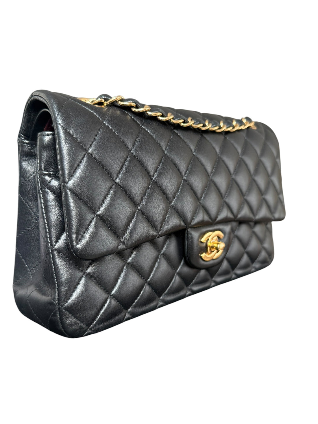 CHANEL Medium Classic Double Flap Bag aus schwarzem Lammleder und goldfarbener Hardware