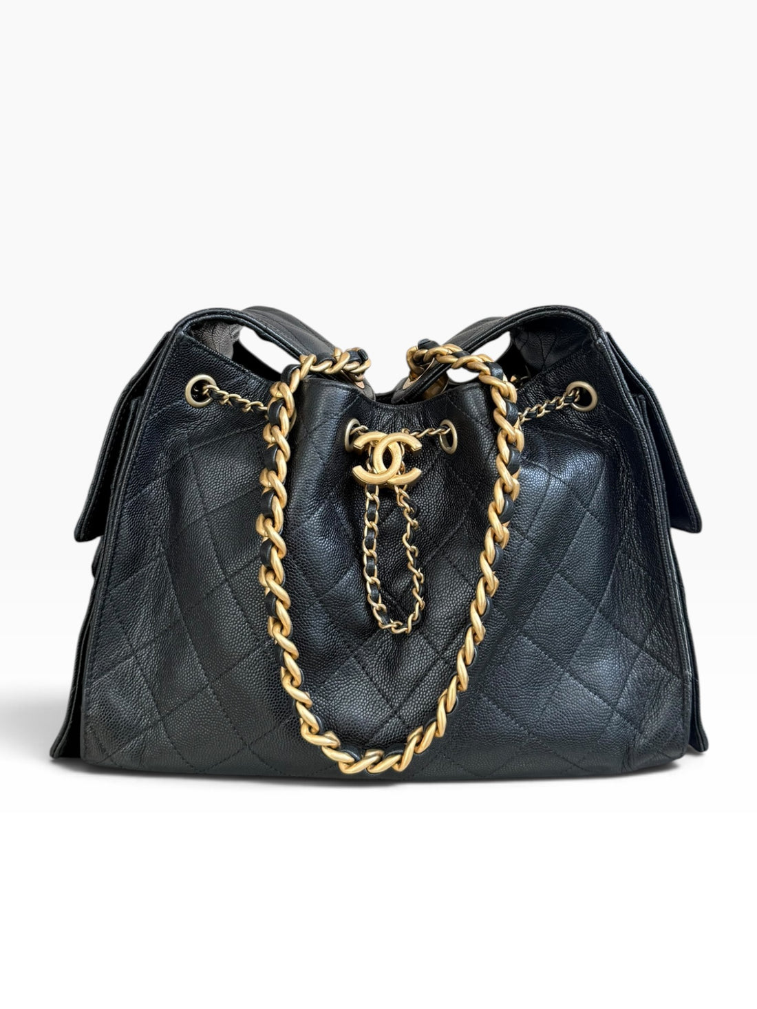 Chanel 25 small schwarzes Kaviarleder und goldfarbene Hardware