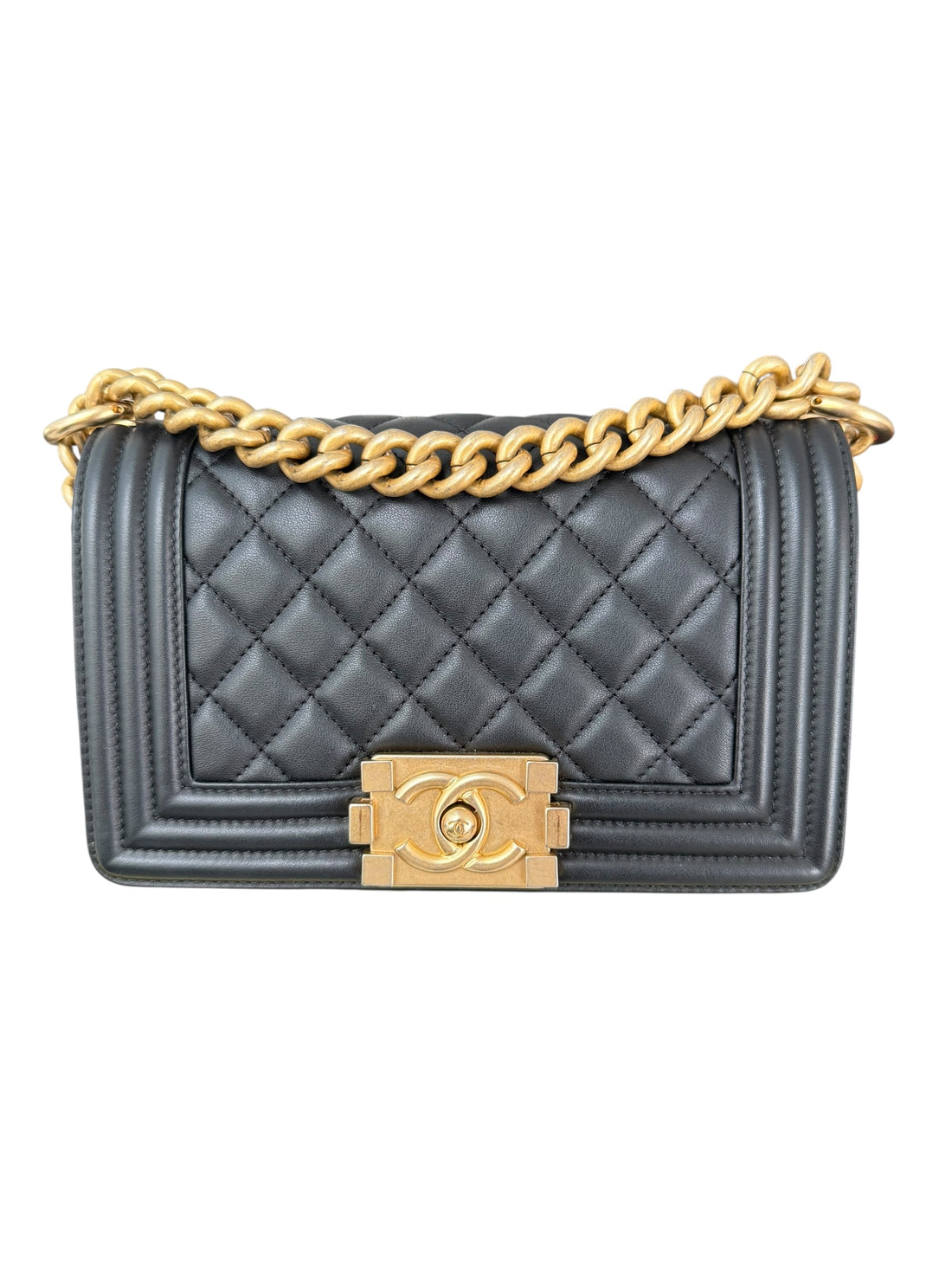 Chanel Boy small aus schwarzem Leder und goldfarbener Hardware