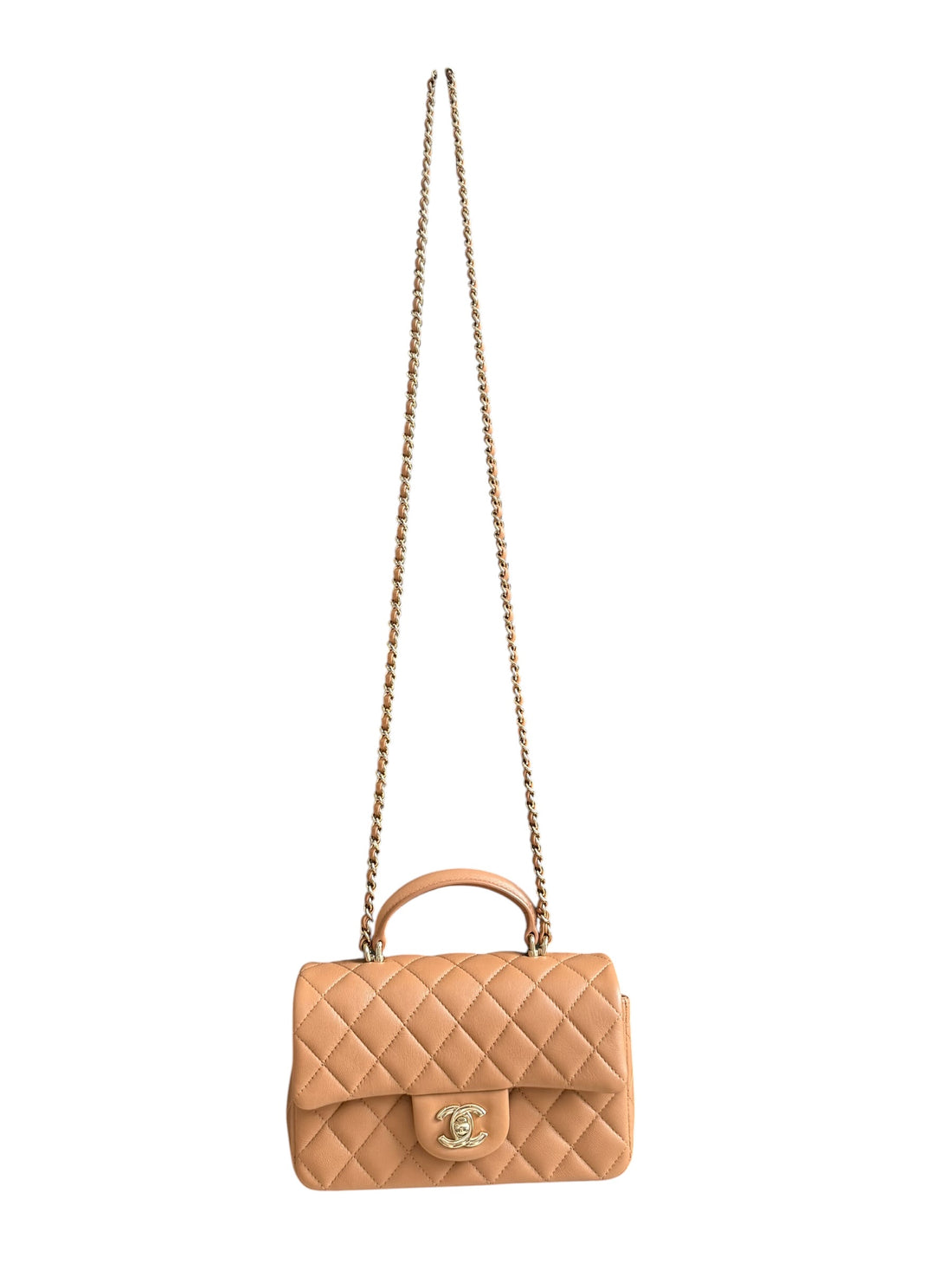 Chanel Top Handle aus dunkelbeigem (karamellfarbenem) Leder und champagnerfarbenem Metall