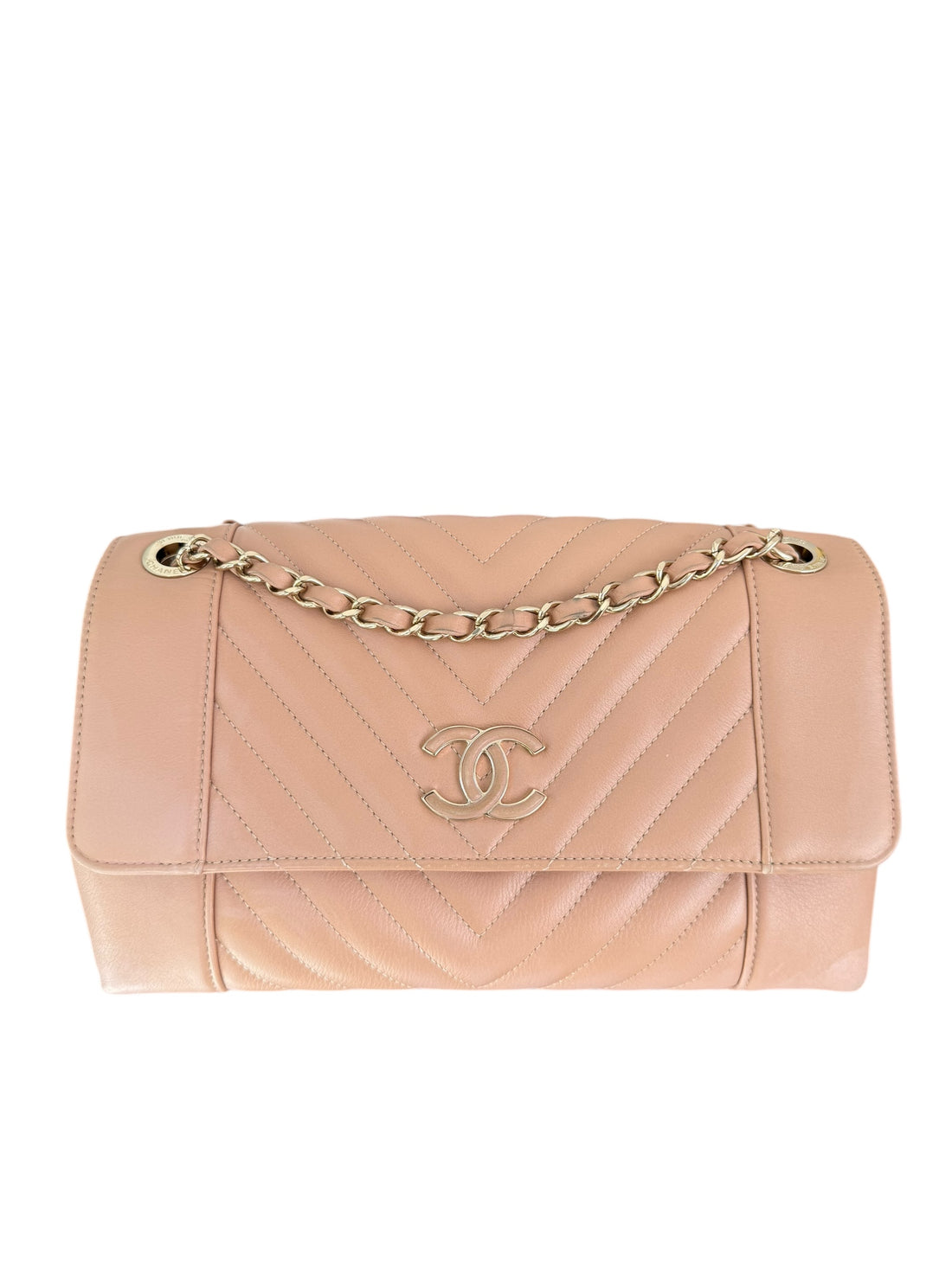 Chanel Flap Bag Chevron Schultertasche aus Kalbsleder in beige
