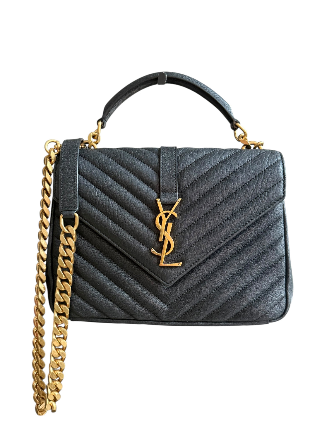 YSL Saint Laurent Collège Medium Schultertasche aus gestepptem schwarzem genarbtem Leder