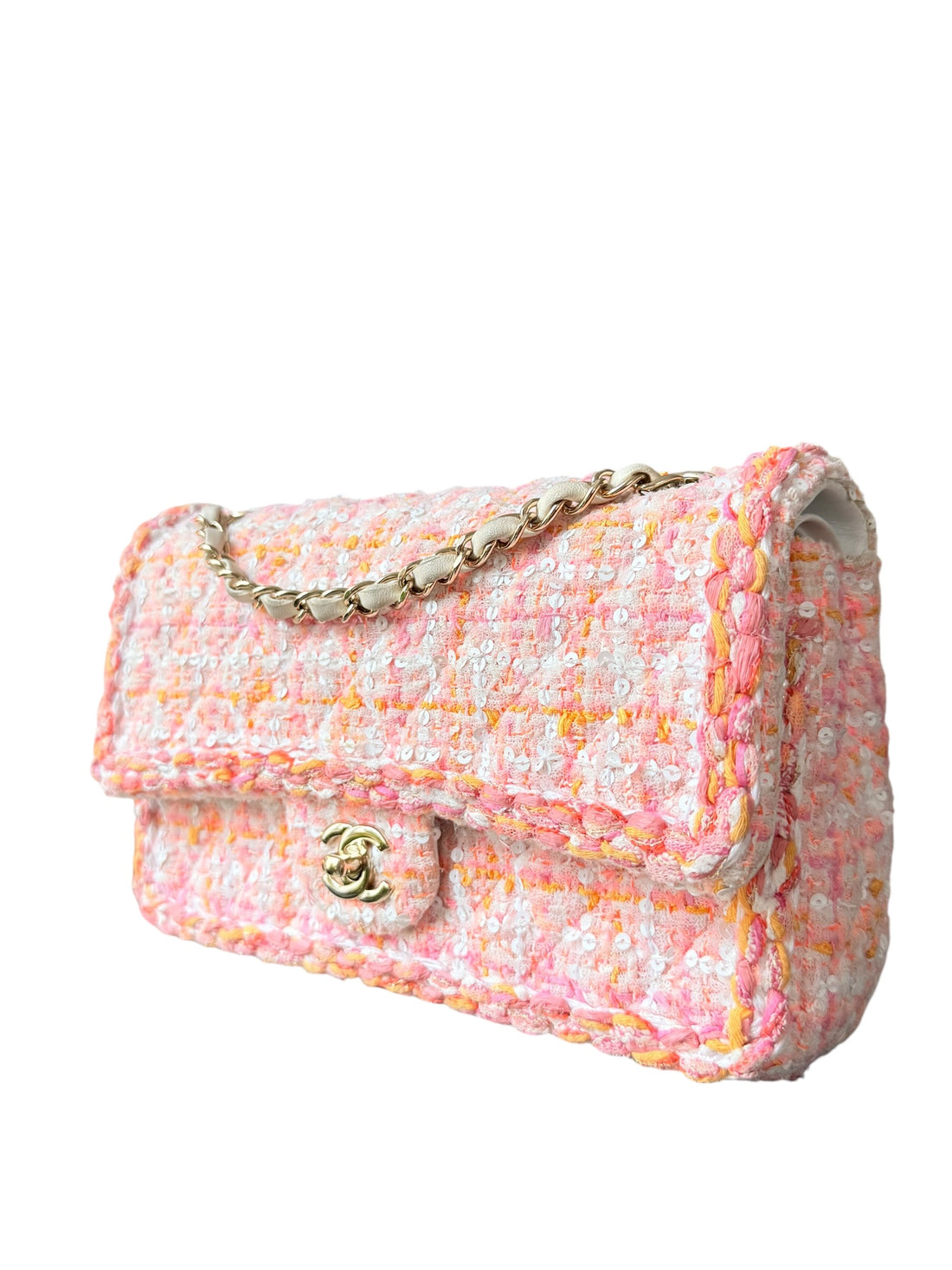 Chanel Timeless Double Flap Bag Medium in den Farben Rosa, Orange, Weiß mit geflochtenen Pailletten in Tweed.