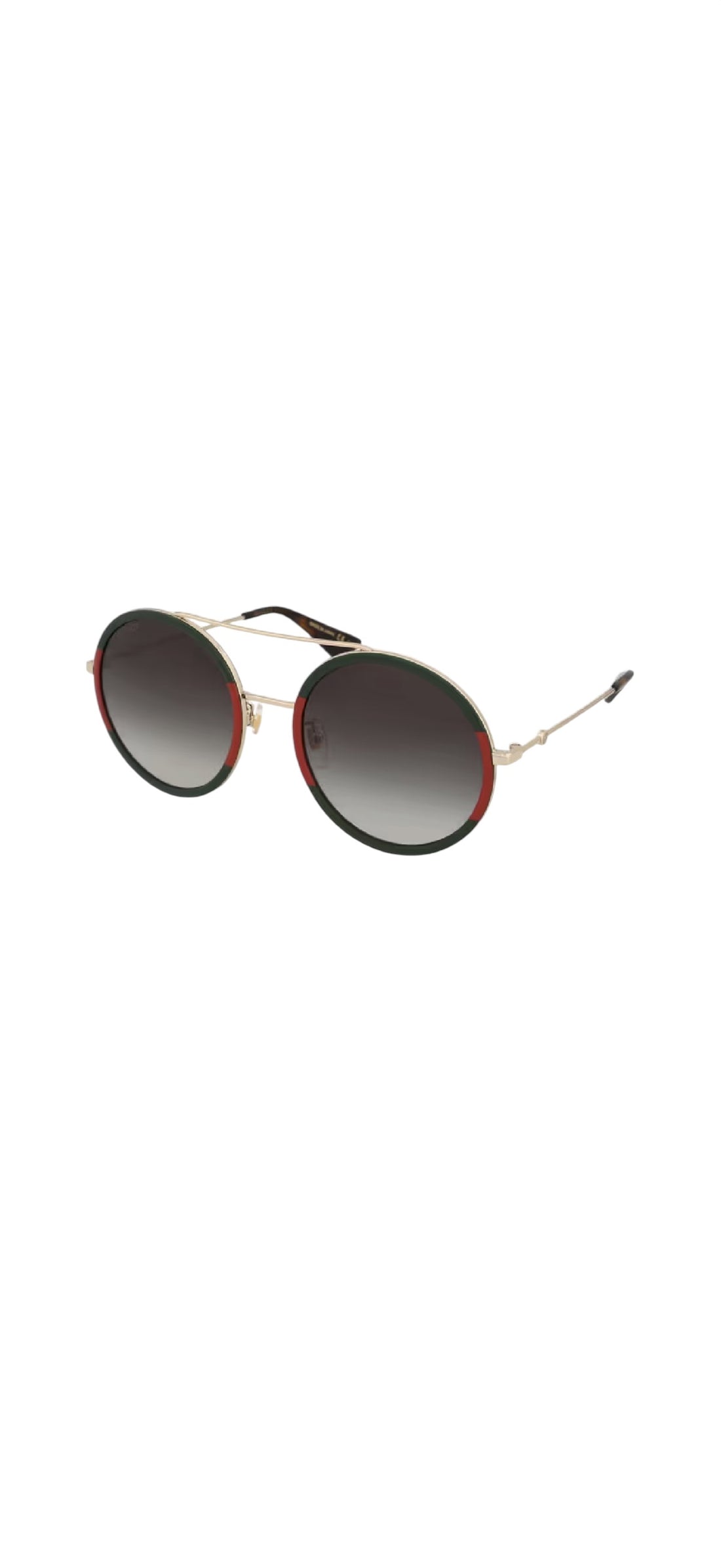 Gucci GG0061S Sonnenbrille besticht durch ihren runden Metallrahmen mit den markanten rot-grünen Web-Details und den klassischen Farbverlaufsgläsern.