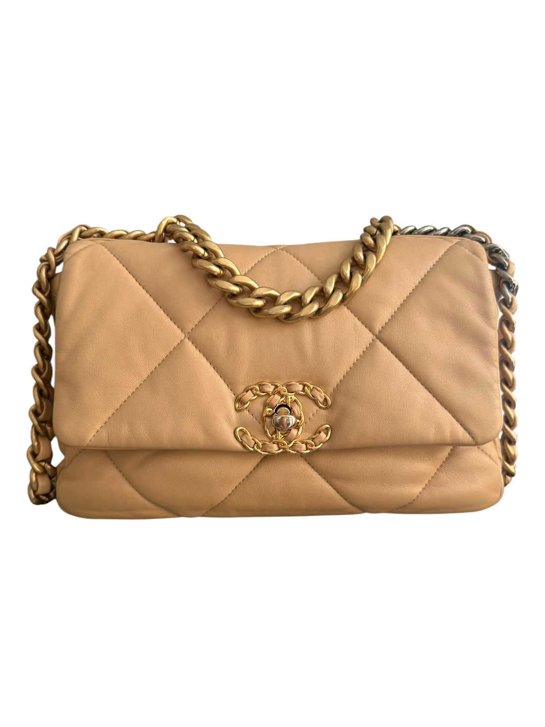 Chanel 19 small in beige mit Gold- Silber- Rutheniumfarbenes Metall. Griff und Schulterkette.