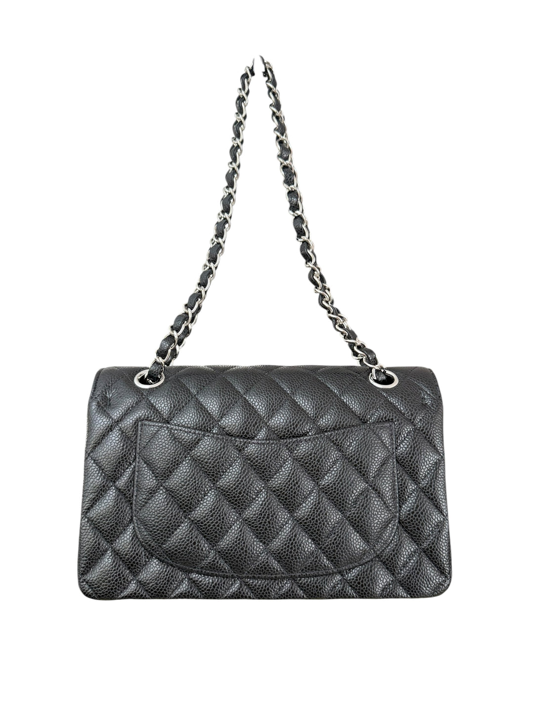 Chanel Small Classic Double Flap Bag aus schwarzem Caviarleder und silberfarbener Hardware