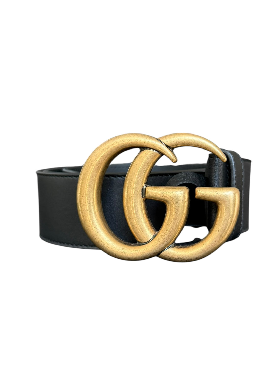 Gucci breiter schwarzer GG Marmont Gürtel mit GG Schnalle in Antikgold