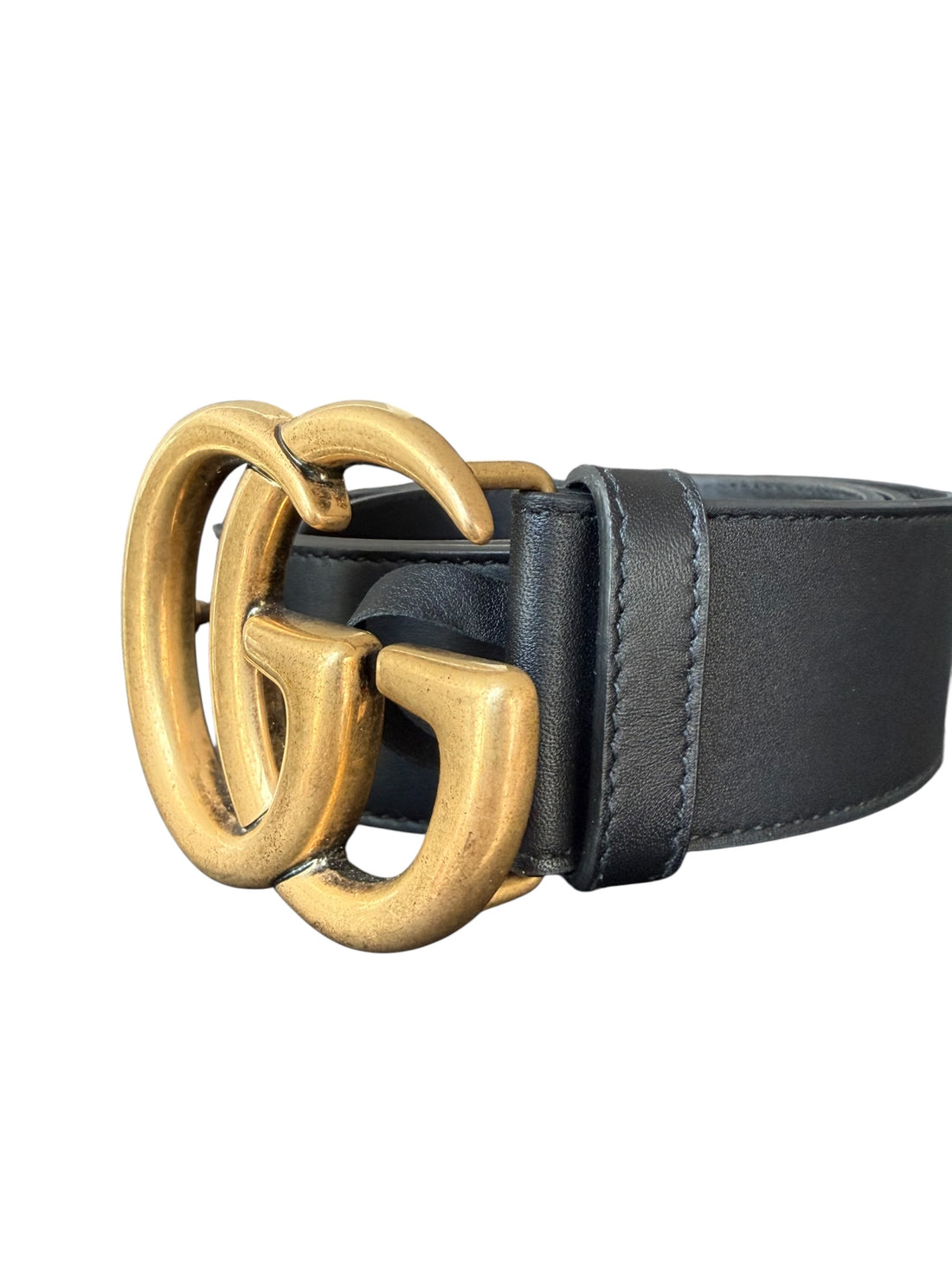 Gucci breiter schwarzer GG Marmont Gürtel mit GG Schnalle in Antikgold