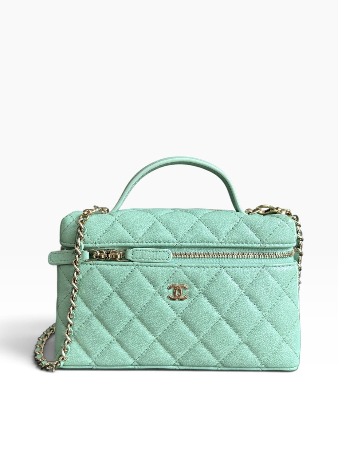 Chanel Top Handle Long Vanity Kaviarleder in der Farbe Mintgrün mit abnehmbarer Kette.