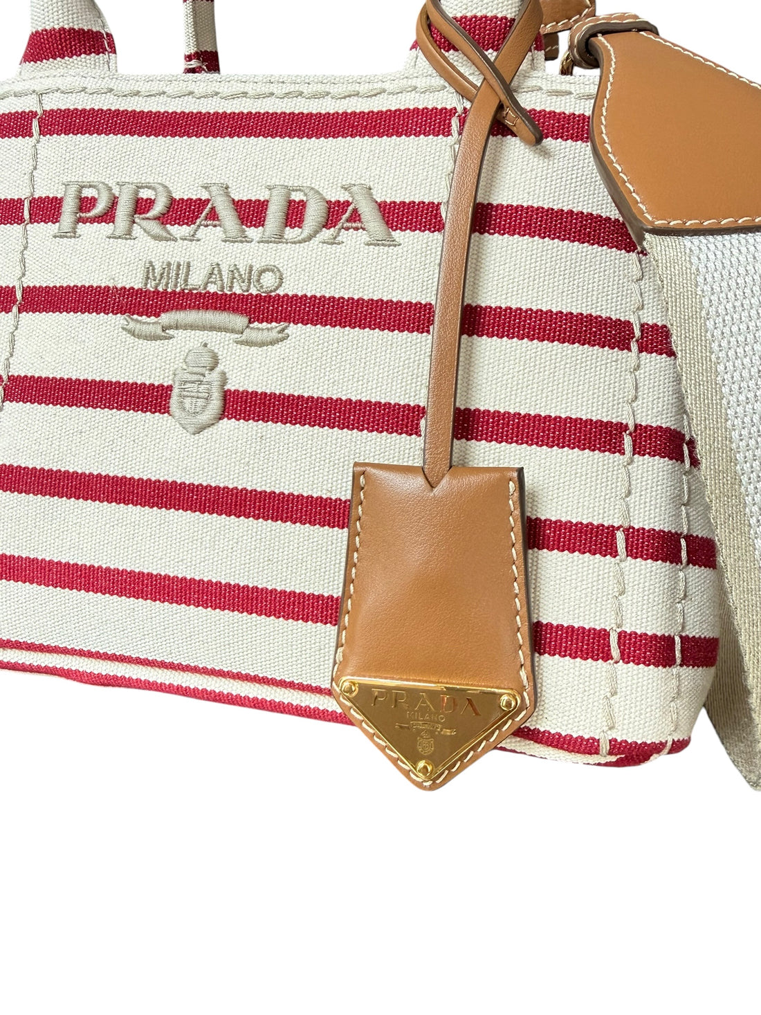 Prada Jardinière Tasche aus gestreiftem Baumwollcanvas mit abnehmbaren und verstellbaren Schulterriemen