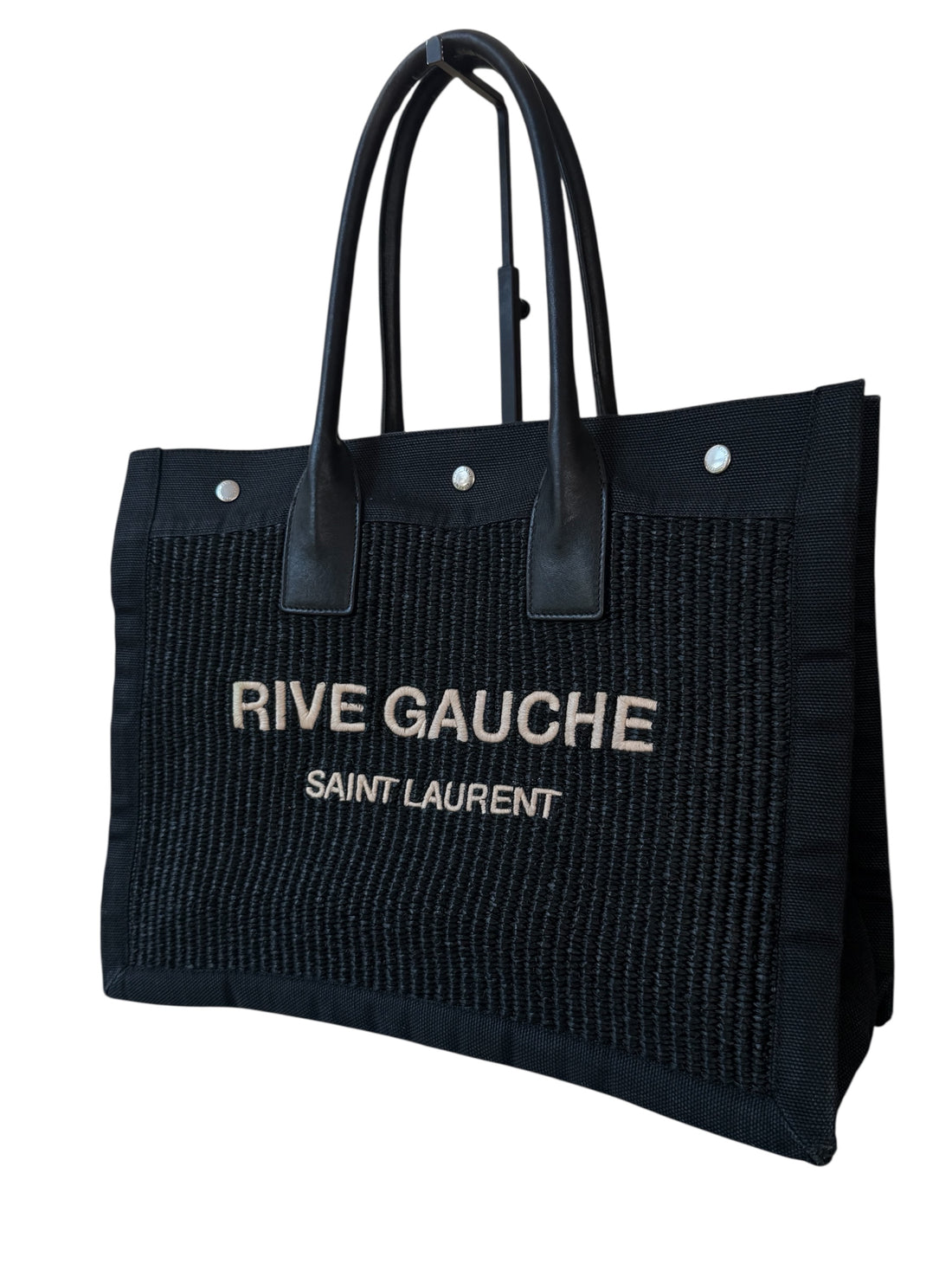 YSL Saint Laurent Rive Gauche Shopper Totebag Medium aus Canvas (Leinen) und Ledergriffen in der Farbe schwarz.