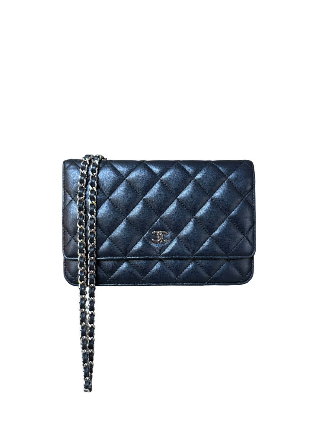 Chanel WOC Wallet on Chain aus schwarzem Lammleder und silberfarbener Hardware
