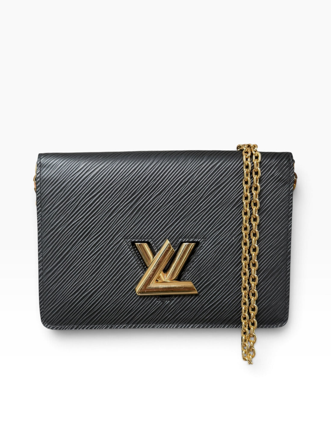 Louis Vuitton Twist Chain Wallet aus schwarzem Epi-Leder mit einem markanten, goldfarbenen LV-Drehverschluss.