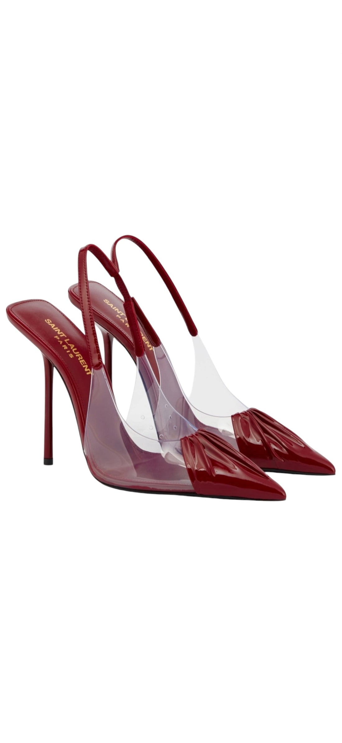 YSL Saint Laurent High Heels Chica Slingback Pumps aus dunkelrotem Lackleder und transparentem PVC.