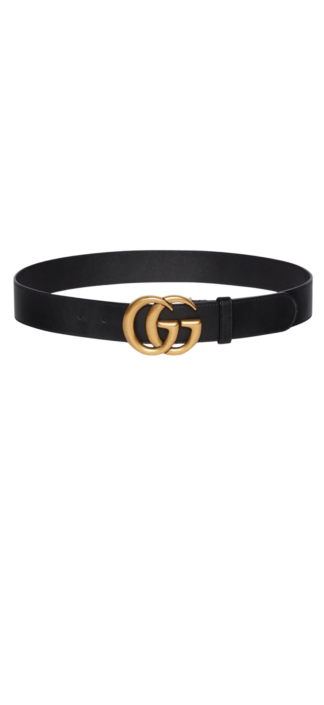 Breiter schwarzer GG Marmont Gürtel mit GG Schnalle in Antikgold.