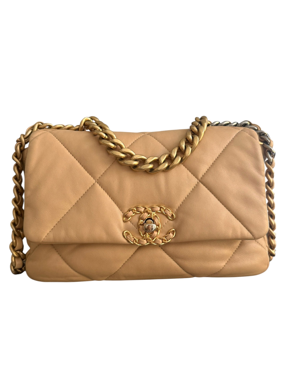 Chanel 19 small in beige mit Gold- Silber- Rutheniumfarbenes Metall. Griff und Schulterkette.