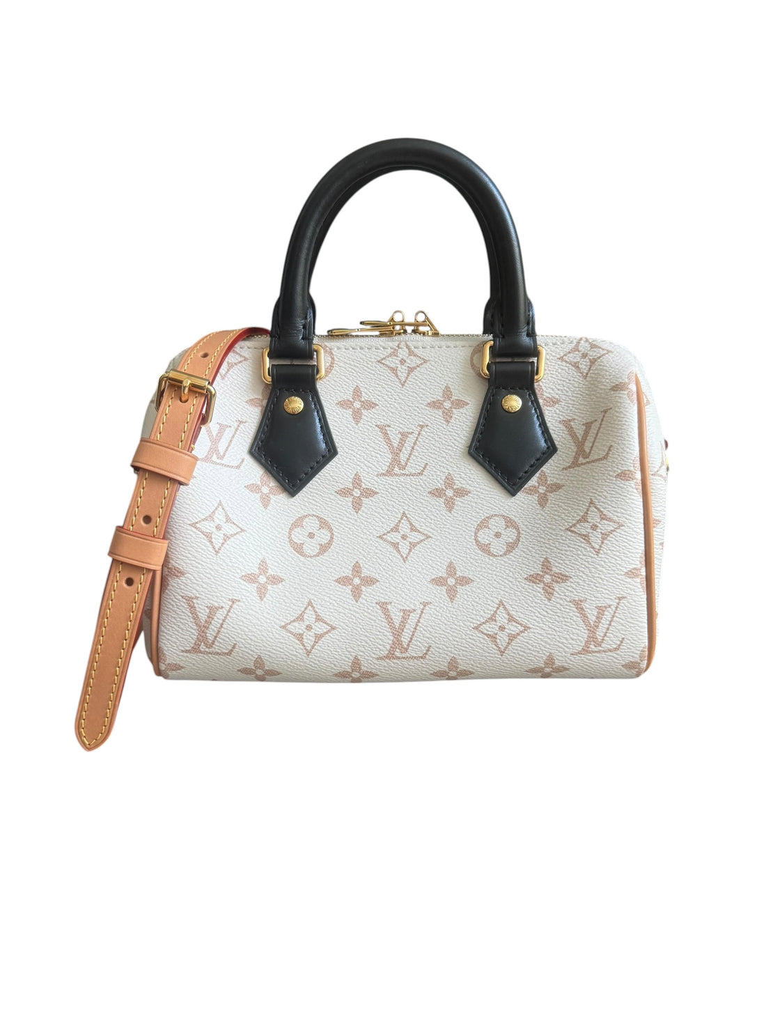 Louis Vuitton Monogram Dune Speedy Bandoulière 20er aus beschichtetem Canvas im speziellen, hellen Monogram Dune-Design.