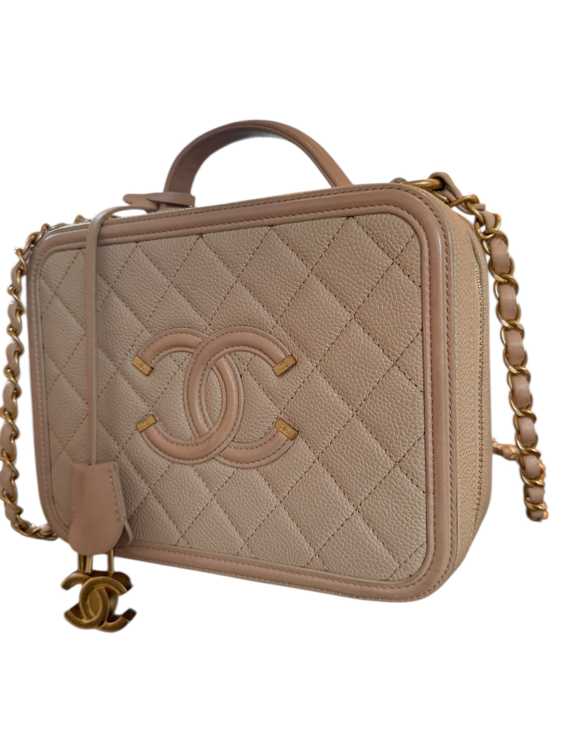 Chanel Vanity Case Medium aus strapazierfähigem Caviar-Leder in Beige