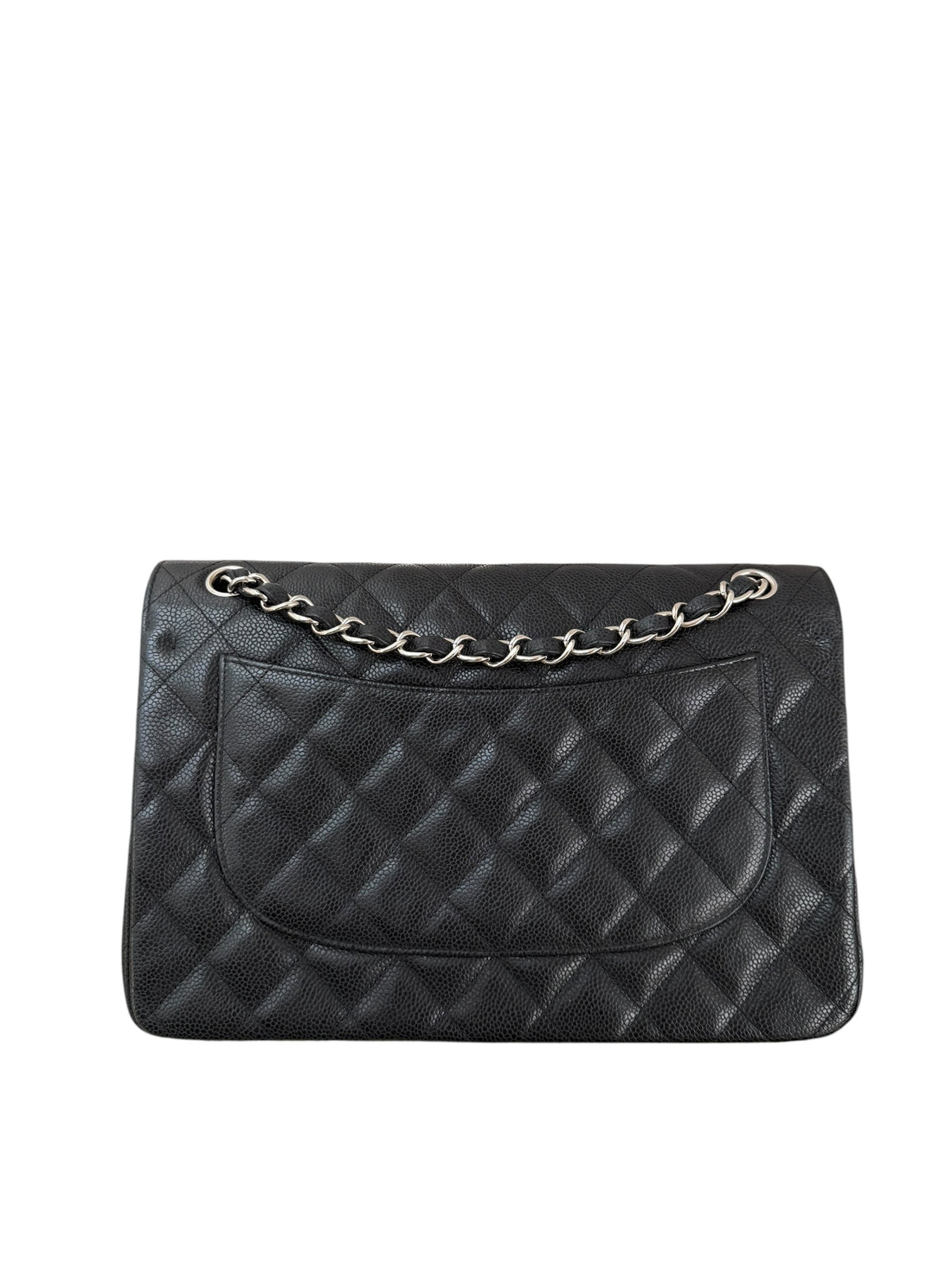 Chanel Classic Timeless Double Flap Bag aus schwarzem Caviarleder und silberfarbener Hardware