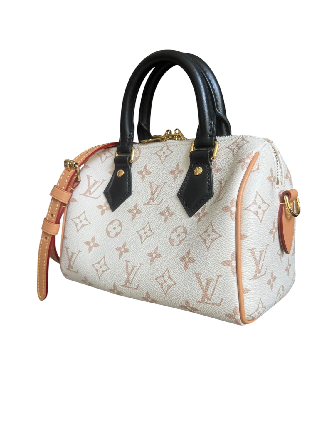 Louis Vuitton Monogram Dune Speedy Bandoulière 20er aus beschichtetem Canvas im speziellen, hellen Monogram Dune-Design.