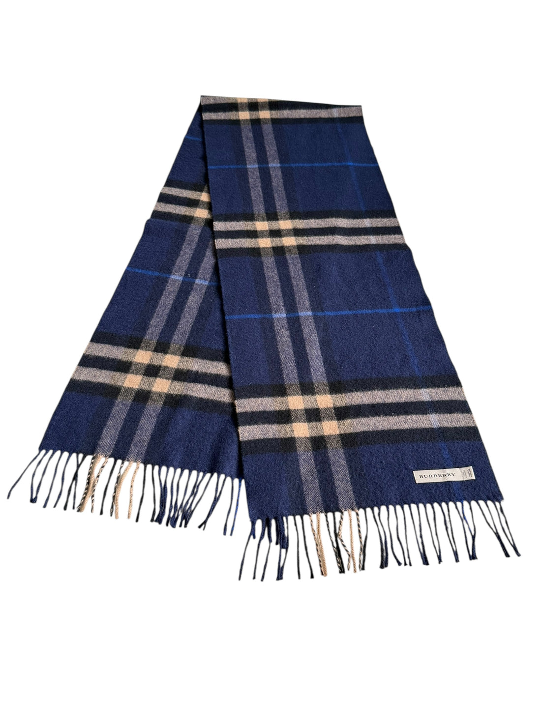 Burberry 100% Cashmere Schal in den Farbeb blau, schwarz und beige