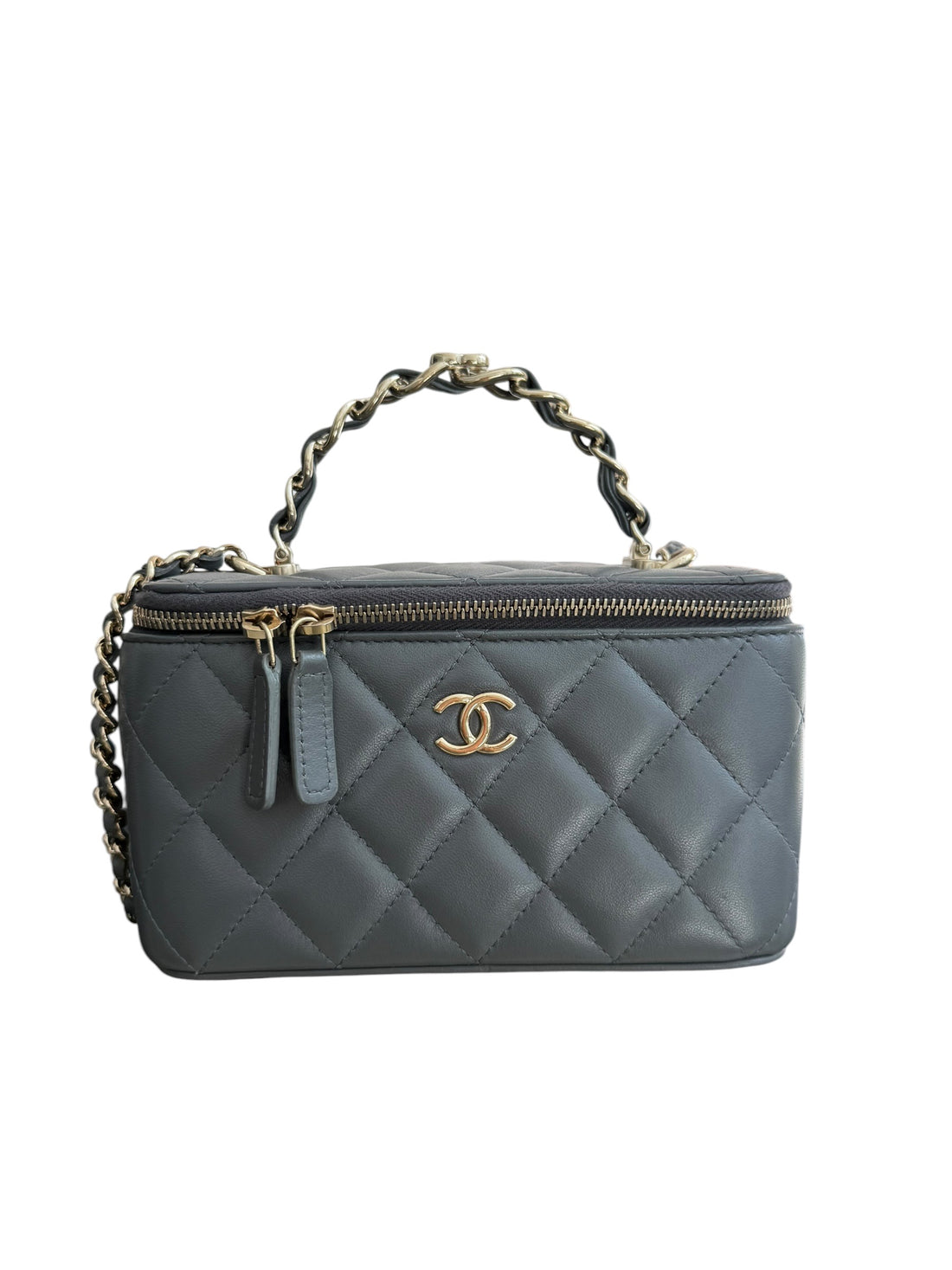 Chanel Vanity Case Top Handle aus grauem Lammleder