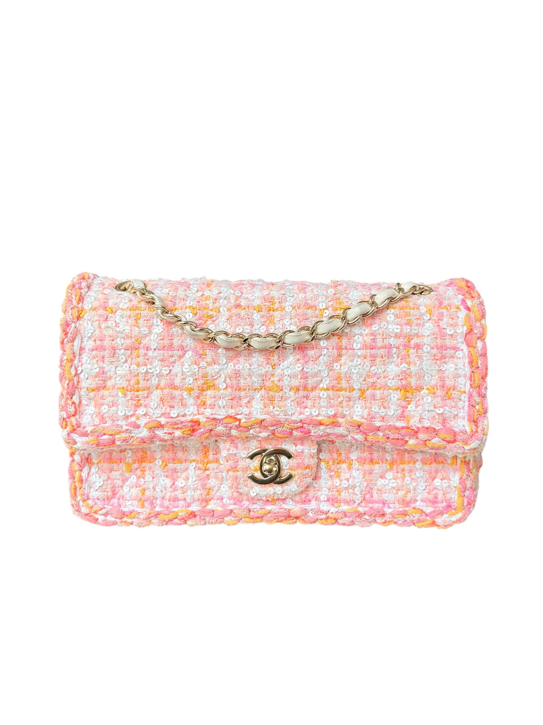 Chanel Timeless Double Flap Bag Medium in den Farben Rosa, Orange, Weiß mit geflochtenen Pailletten in Tweed.