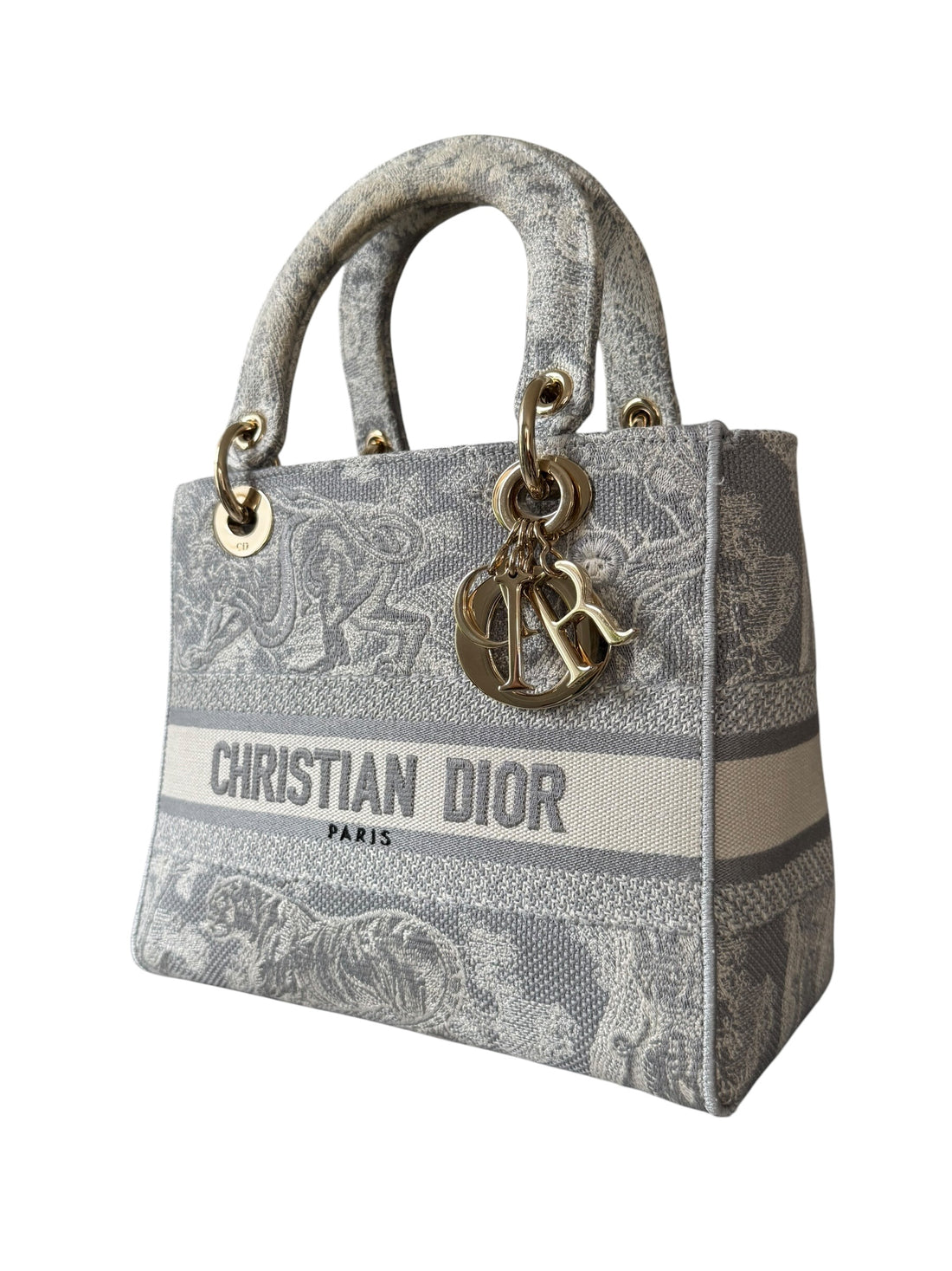 Christian Dior Lady Medium Canvas Toile De Jouy Embroidered Medium Lady D-Lite in der Farbe grau und ecru mit abnehmbarem Schulterriemen