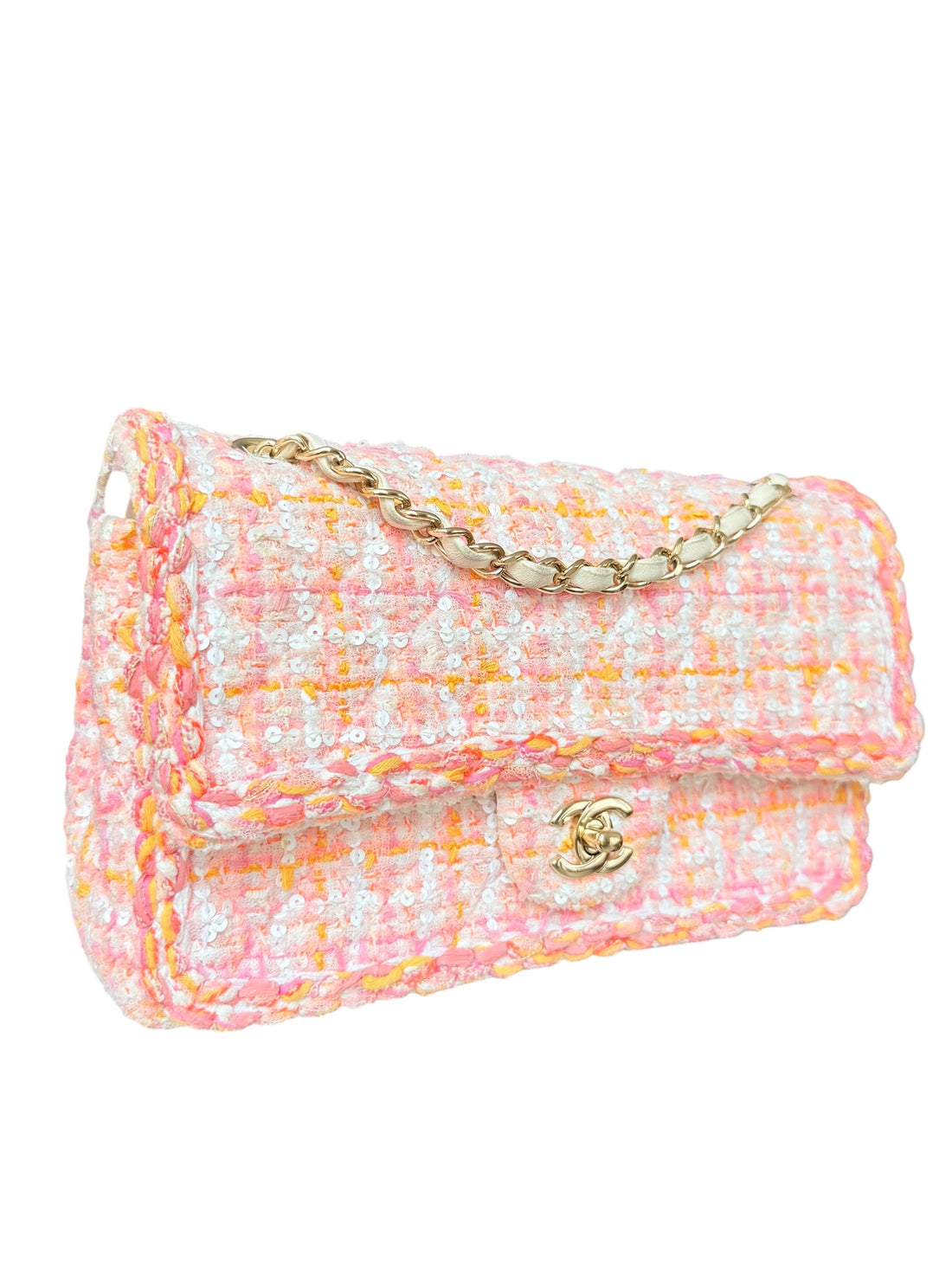 Chanel Timeless Double Flap Bag Medium in den Farben Rosa, Orange, Weiß mit geflochtenen Pailletten in Tweed.