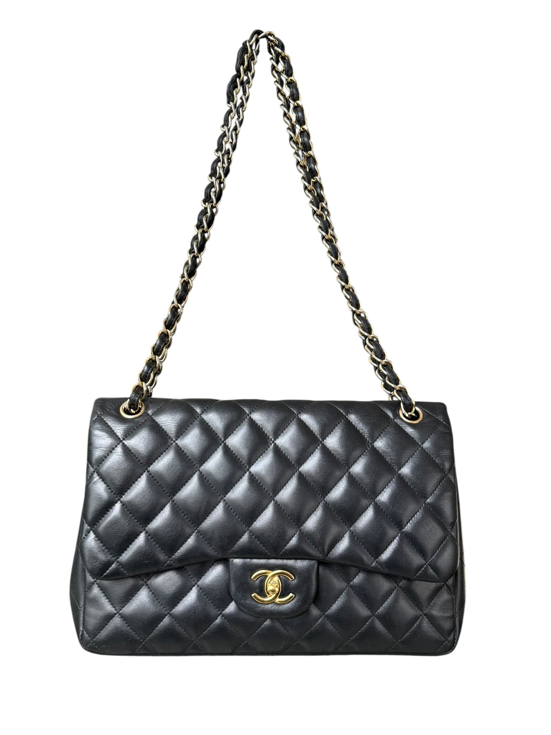 Chanel Classic Timeless Jumbo Double Flap Bag aus schwarzem Lammleder mit goldfarbener Hardware