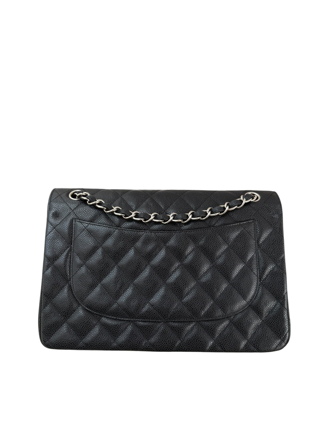 Chanel Classic Timeless Double Flap Bag aus schwarzem Caviarleder und silberfarbener Hardware