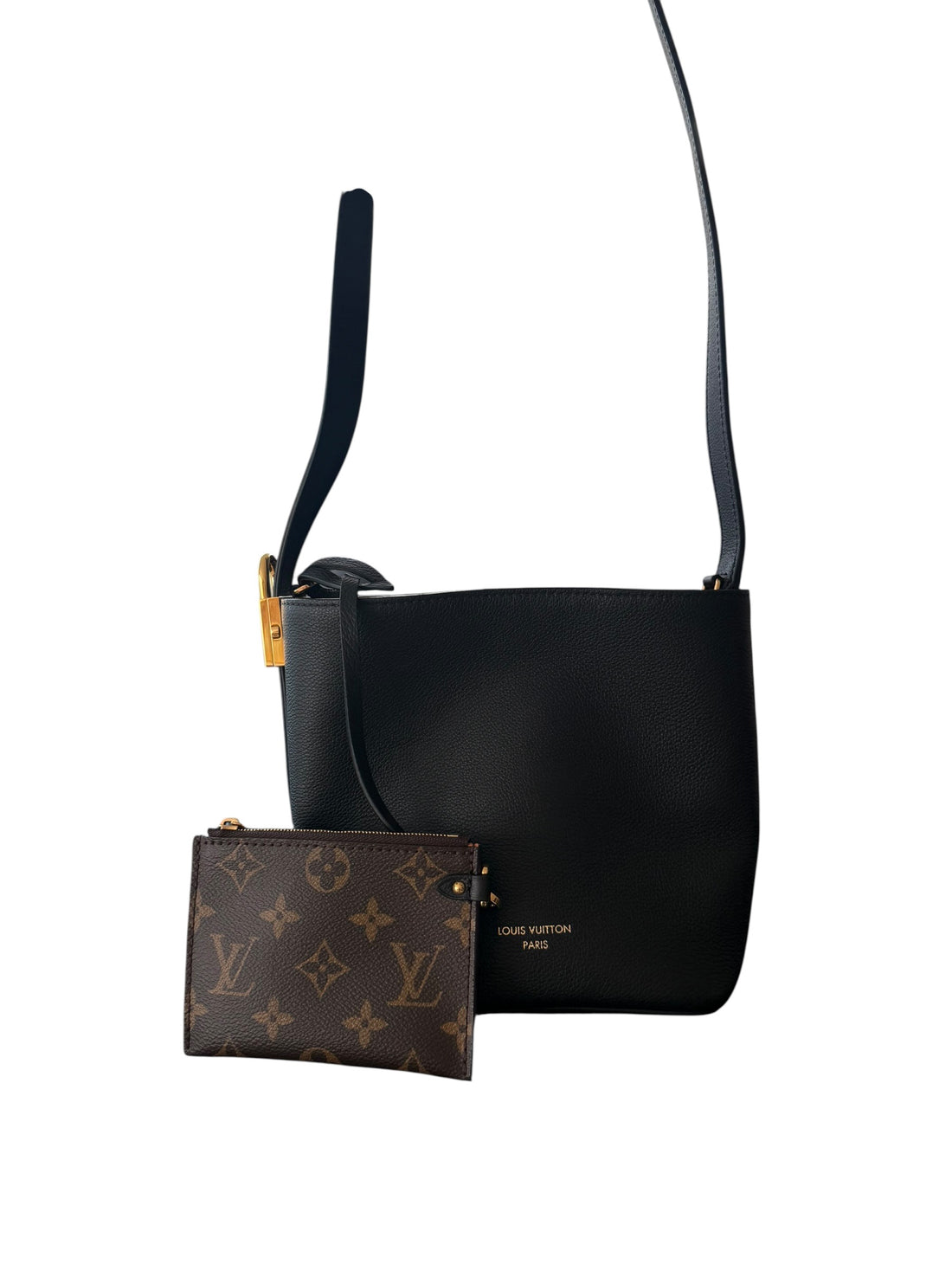 Louis Vuitton Low Key All Inn BB aus schwarzem Kalbsleder mit verstellbaren Schulterriemen und abnehmbarer Pochette.