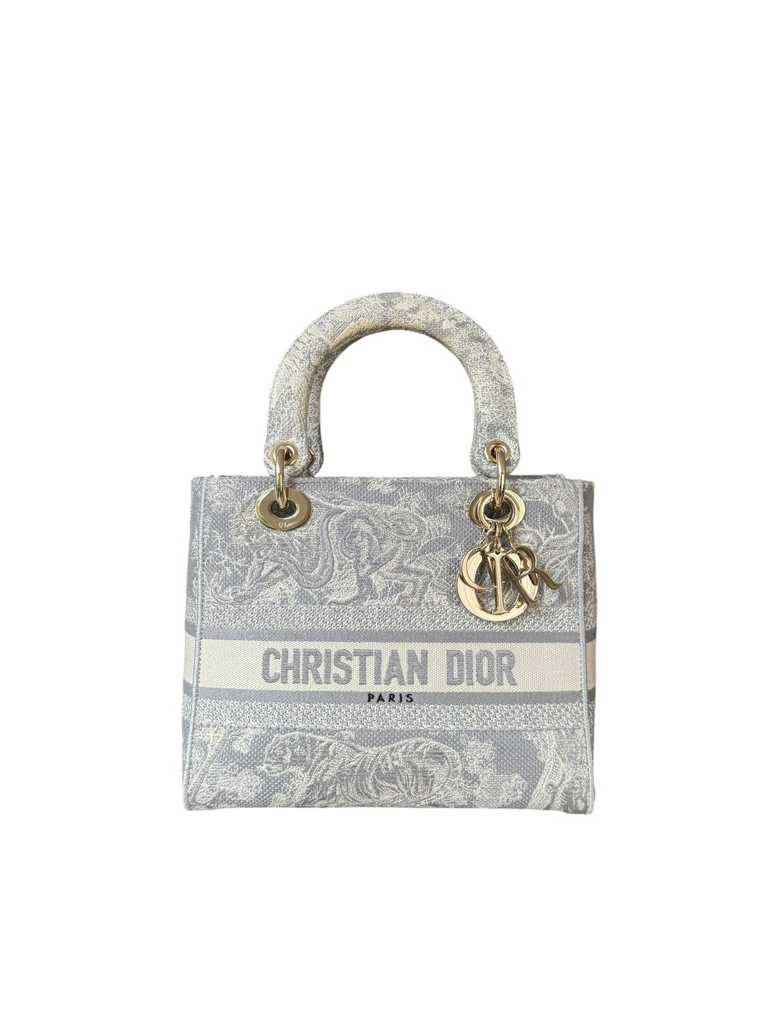 Christian Dior Lady Medium Canvas Toile De Jouy Embroidered Medium Lady D-Lite in der Farbe grau und ecru mit abnehmbarem Schulterriemen