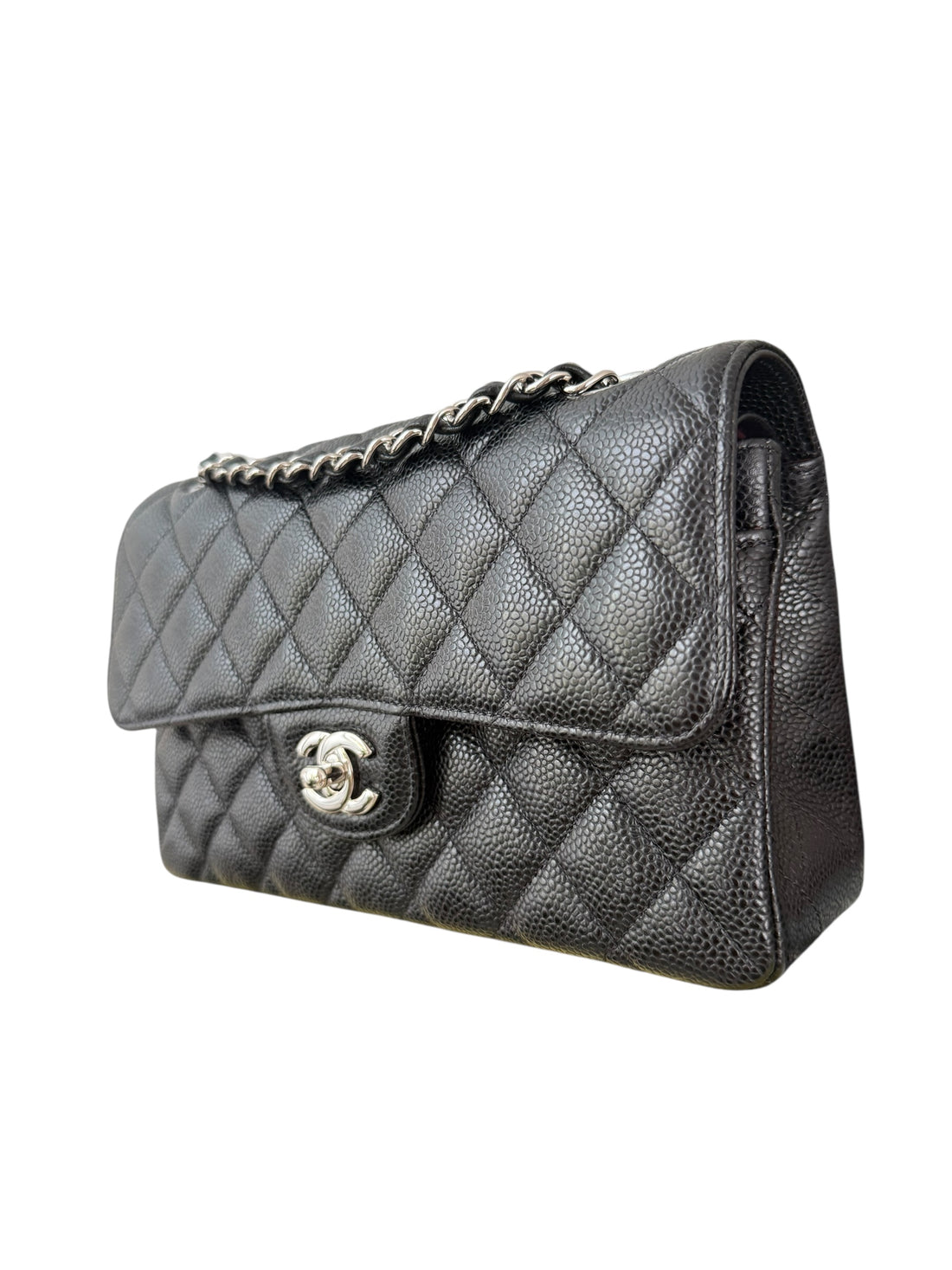 Chanel Small Classic Double Flap Bag aus schwarzem Caviarleder und silberfarbener Hardware