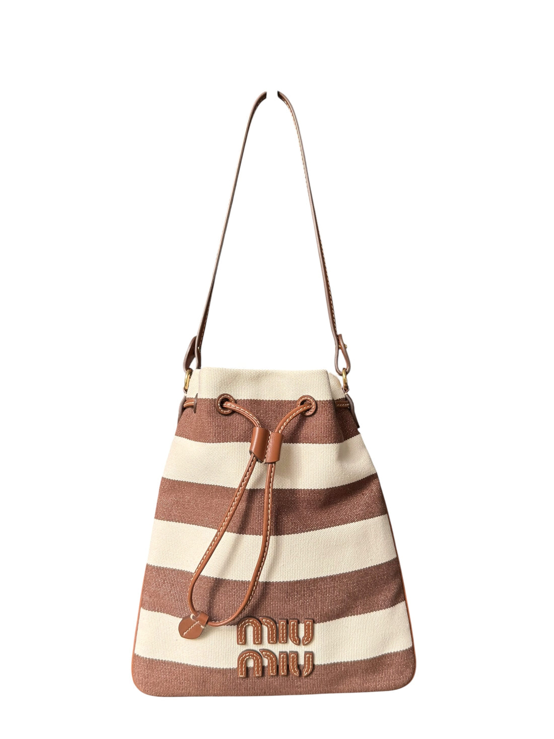 Miu Miu Beuteltasche aus braun-weiss gestreiftem Canvas und Kordelzug aus Leder