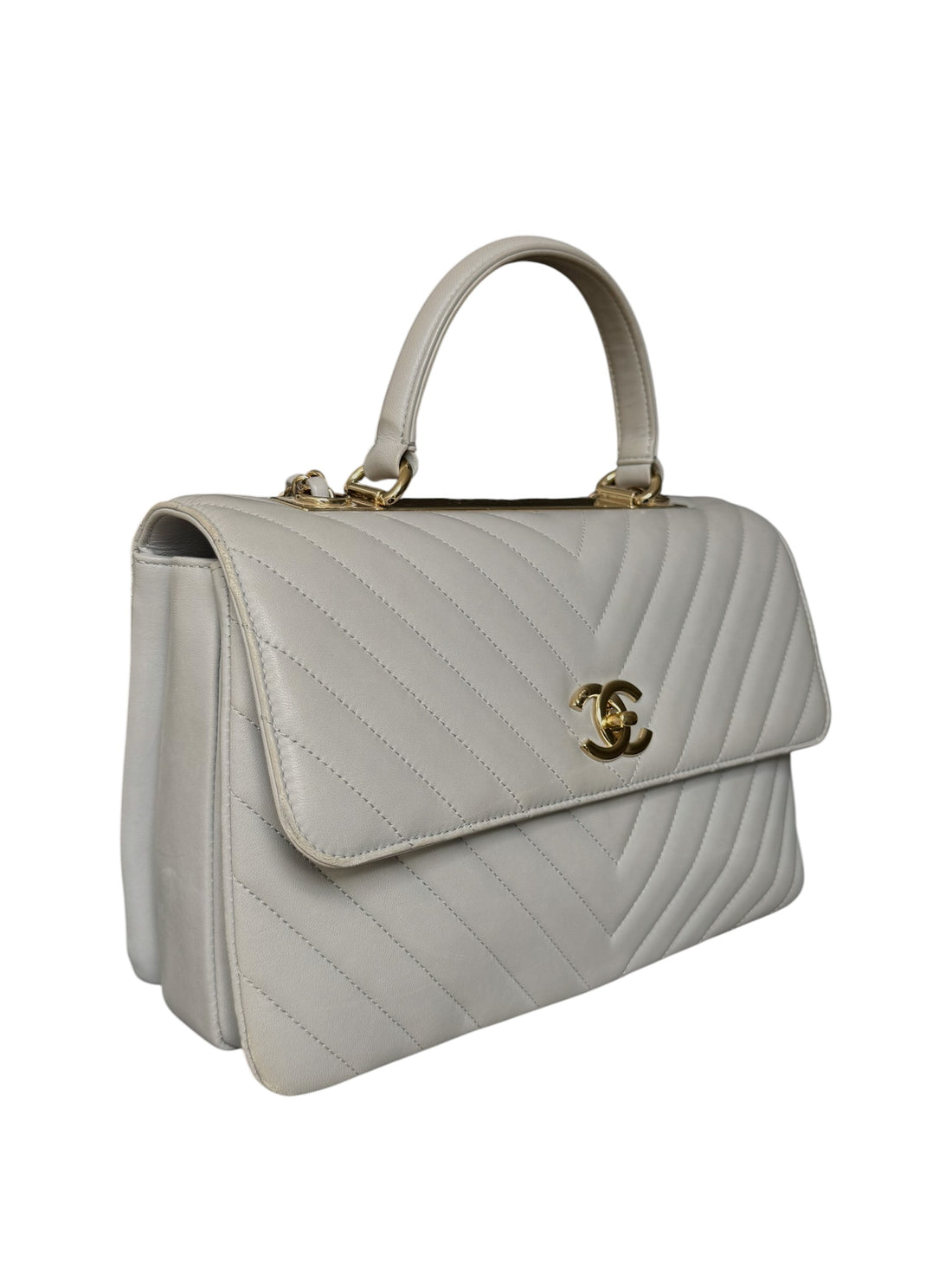 Chanel Trendy CC Chevron mit Griff aus grauem Lammleder und champagnerfarbener Hardware.