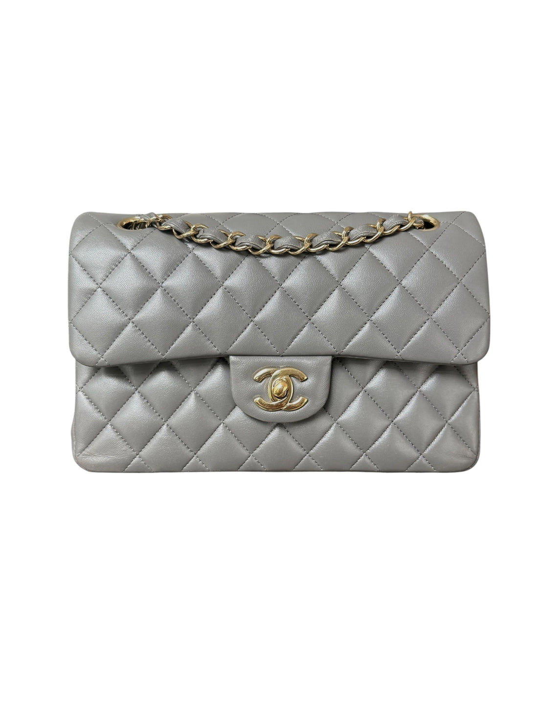 Chanel Classic Small Double Flap Tasche aus grauem Lammleder und champagnerfarbener Hardware