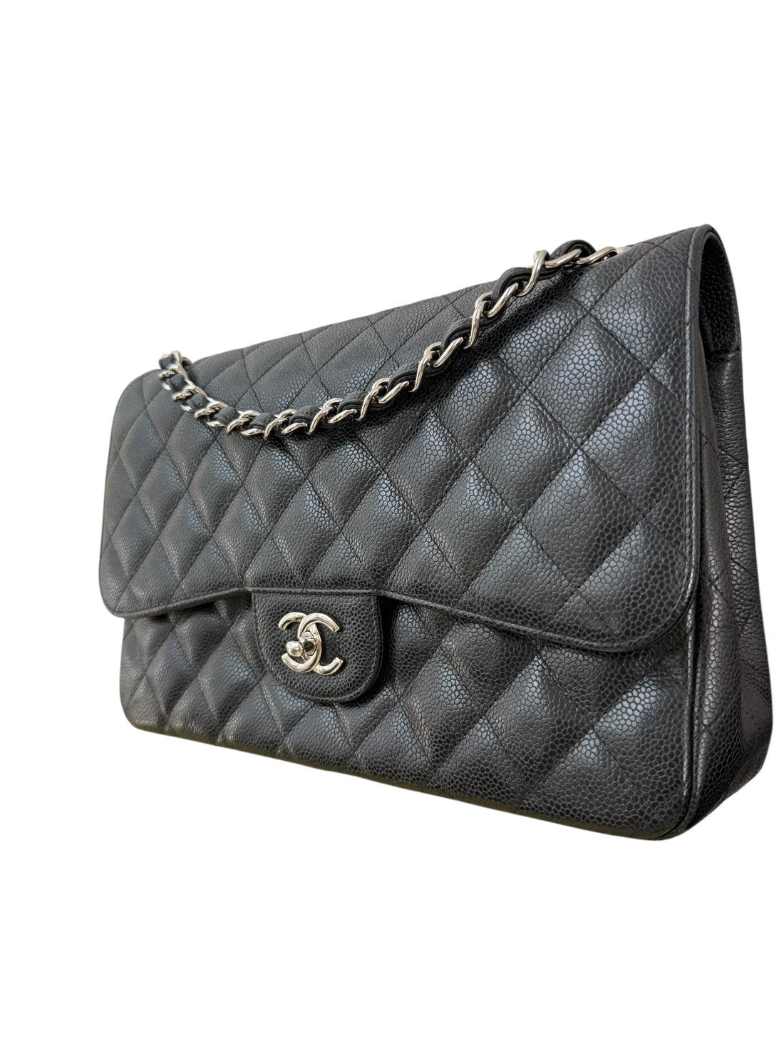 Chanel Classic Timeless Double Flap Bag aus schwarzem Caviarleder und silberfarbener Hardware