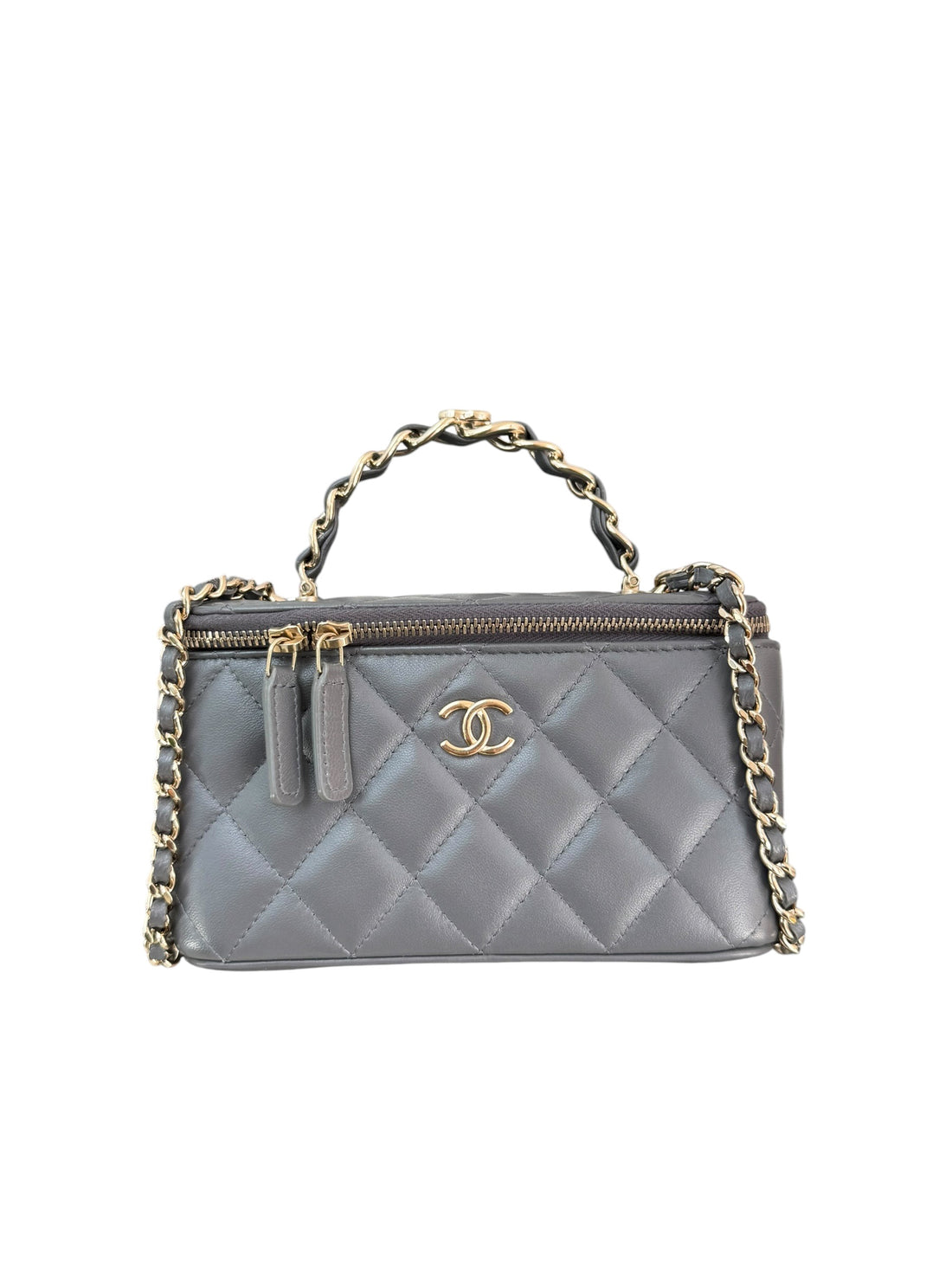 Chanel Vanity Case Top Handle aus grauem Lammleder