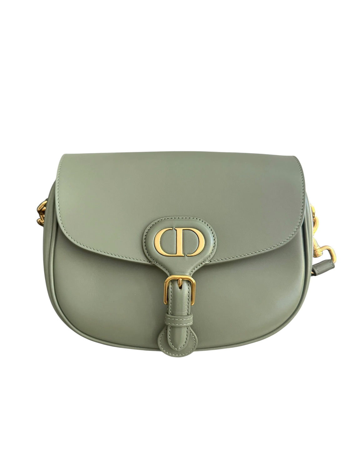 Borsa a tracolla Christian Dior Bobby in pelle di vitello color verde salvia con dettagli in metallo color oro.