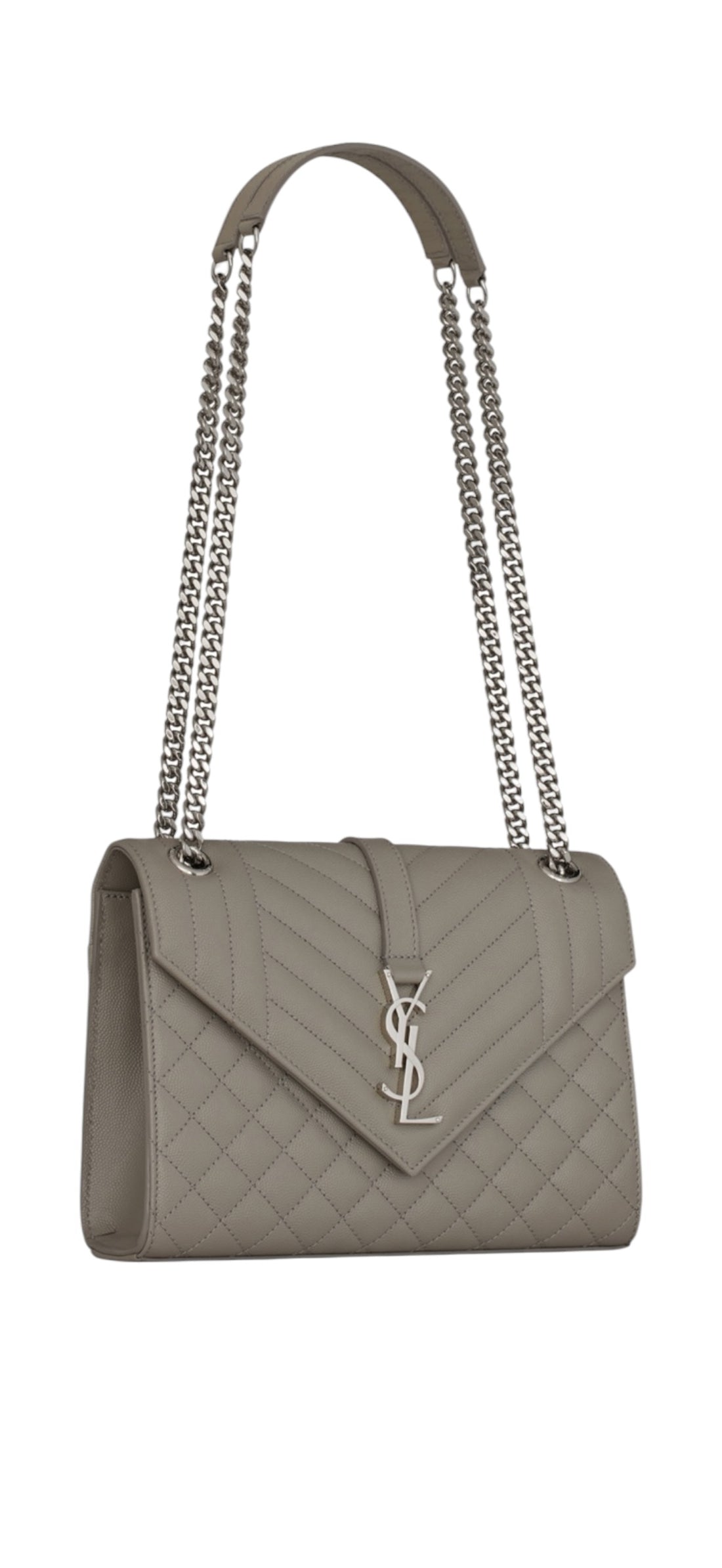 YSL Envelope Schultertasche aus Grain de Poudre-Leder Envelope Medium Mix Matelassé in der Farbe taupe/grau.
