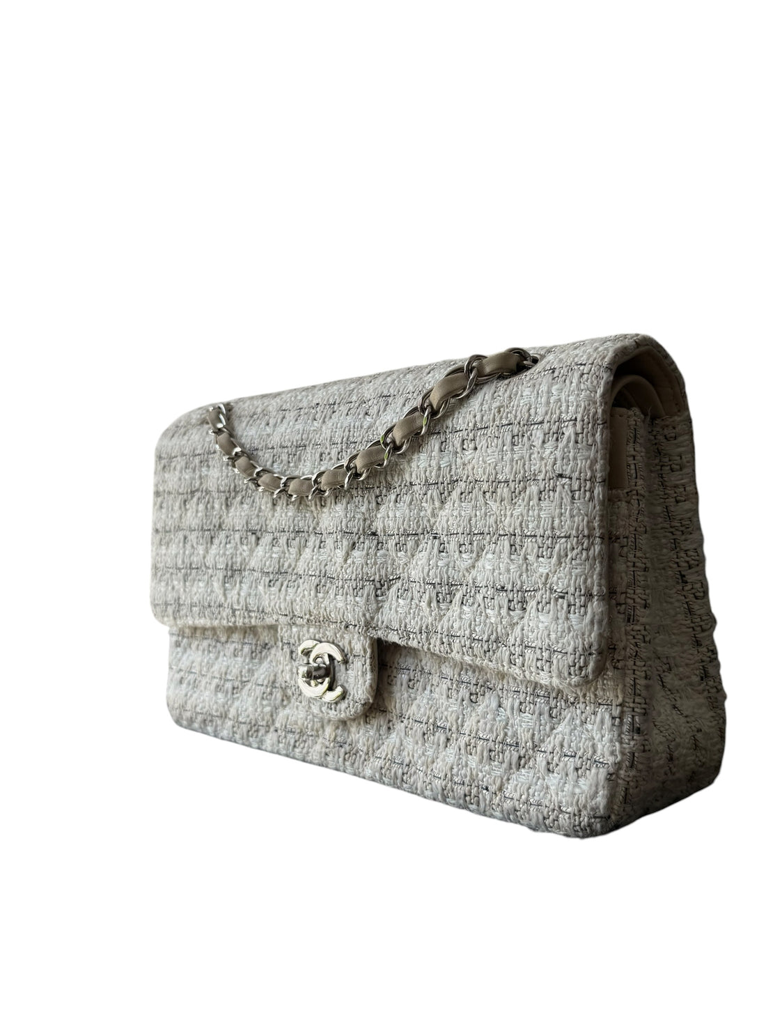 Chanel Timeless Double Flap Bag Medium in den Farben beige/creme/grau und weiss in Tweed