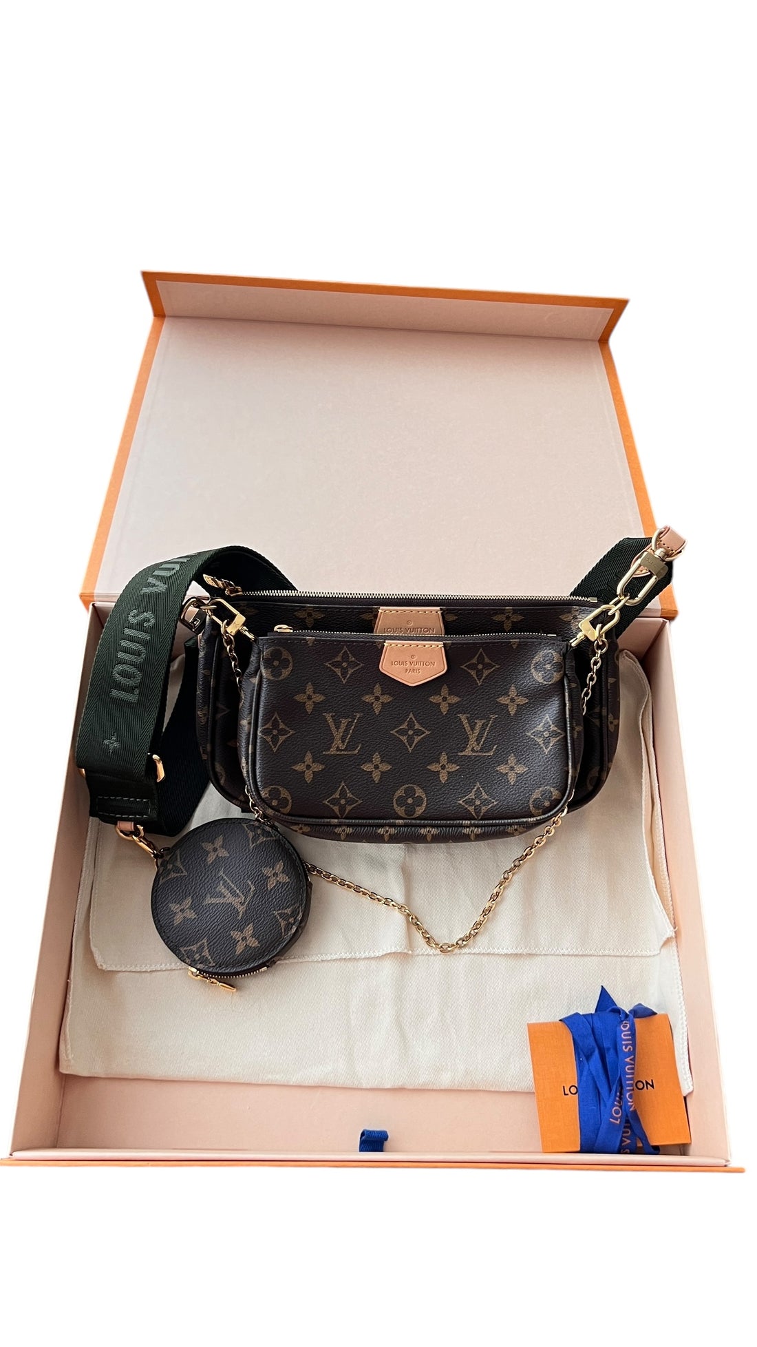 Louis Vuitton Multipochette Monogram Canvas mit khakifarbenem Schulterriemen