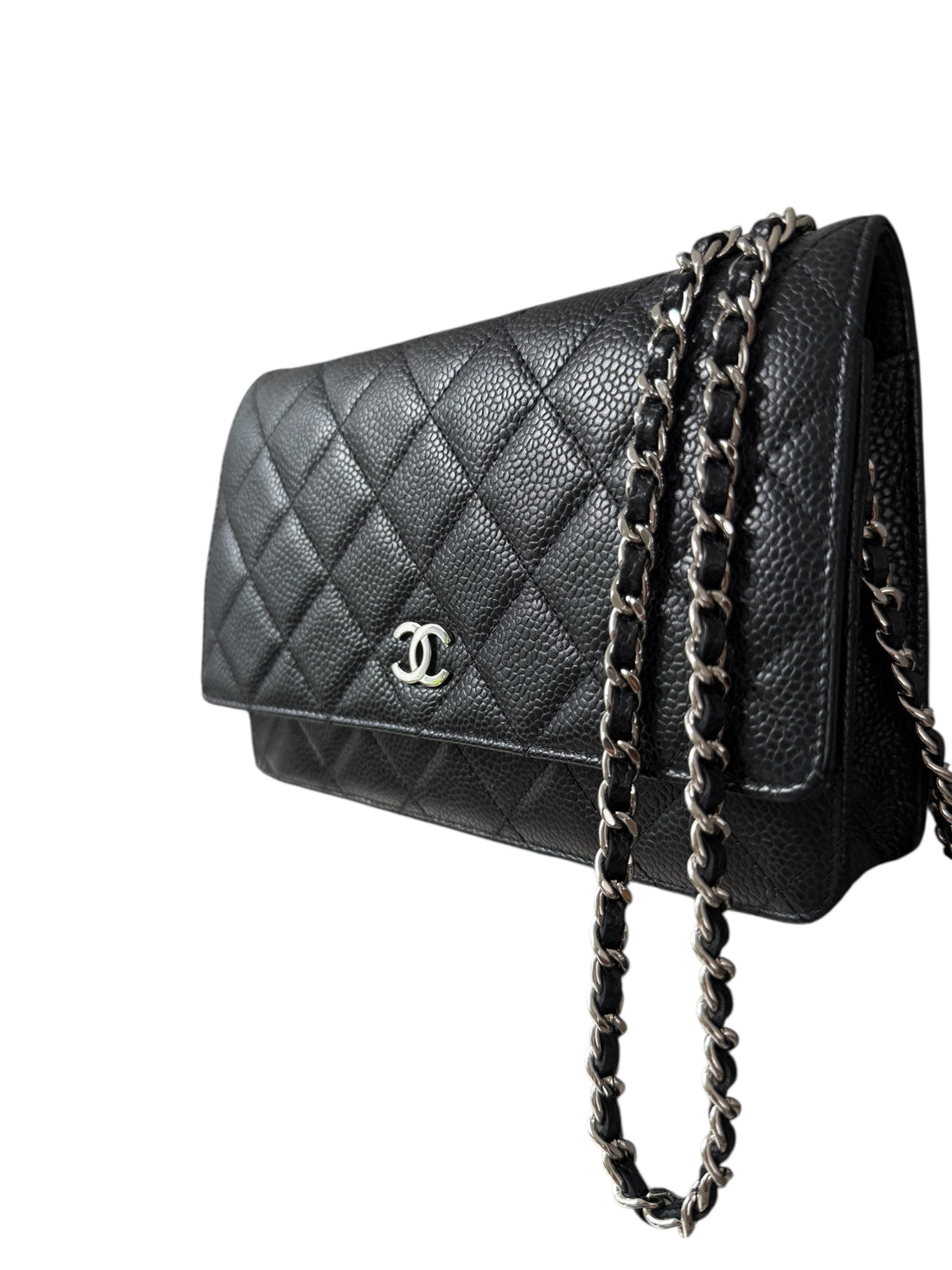 Chanel WOC Wallet on Chain aus schwarzem Kaviarleder und silberfarbener Hardware