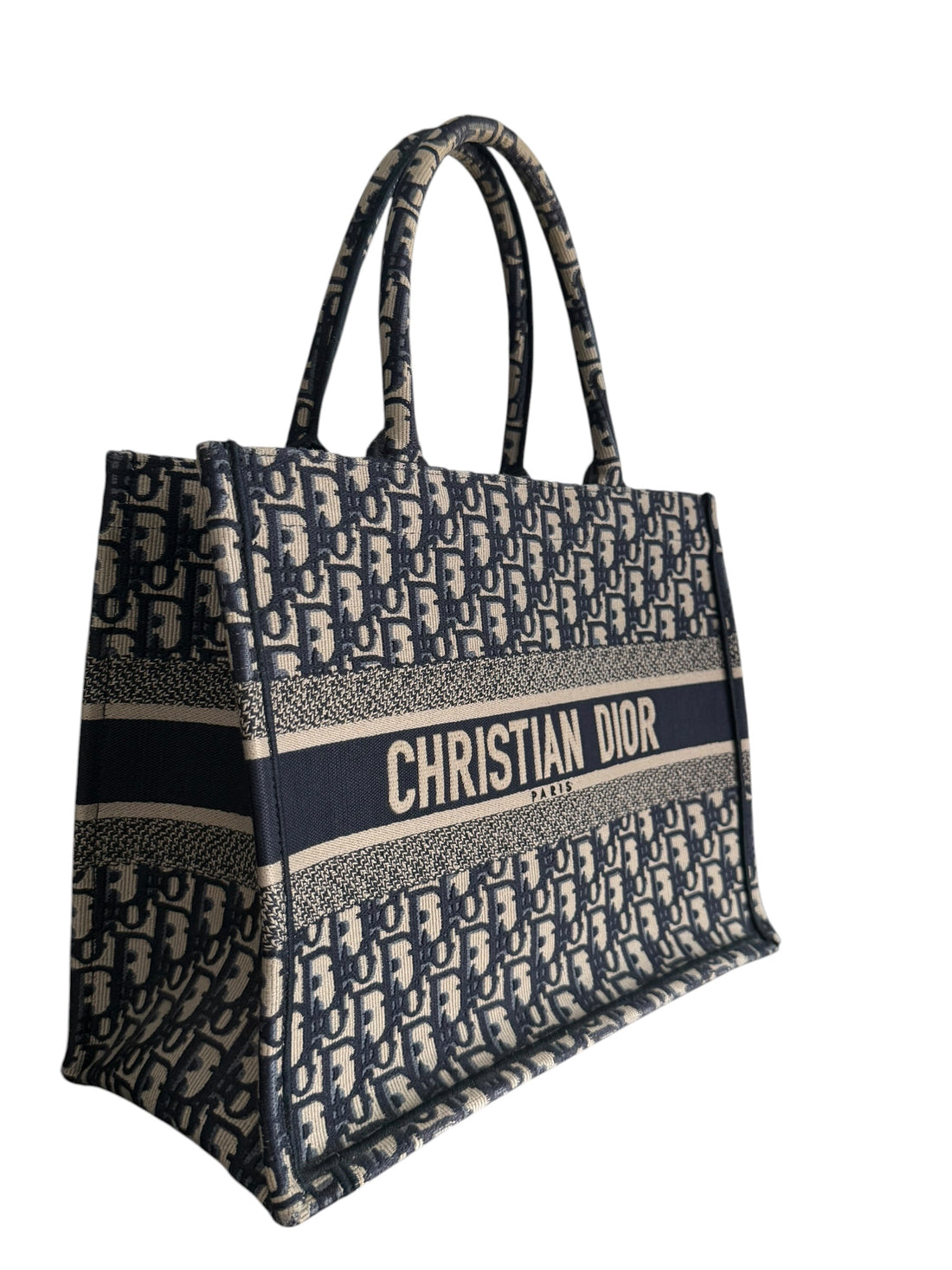 Christian Dior mittelgrosse Book Tote Oblique Stickerei in Ecru und Blau.