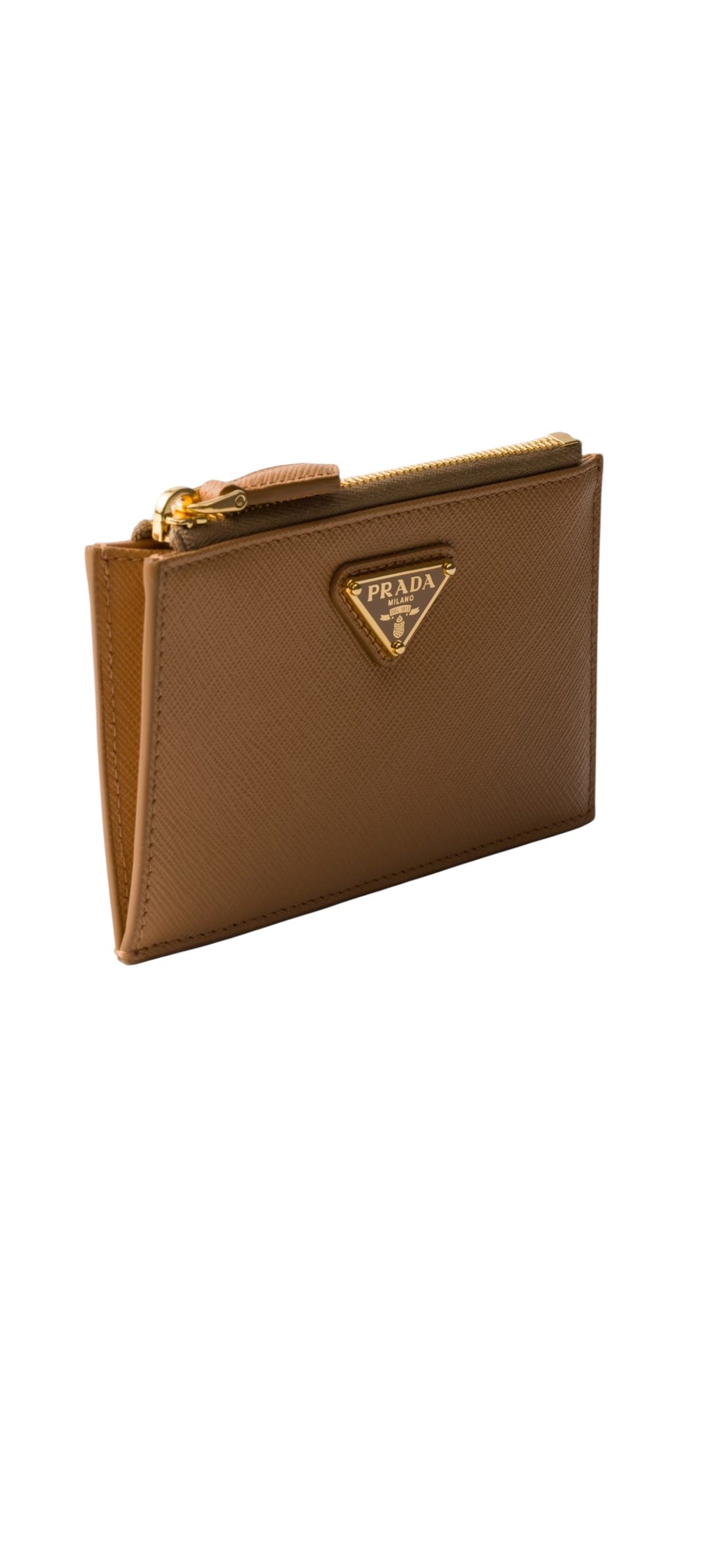 Prada Kartenetui aus Saffiano Leder in der Farbe Karamell aus der aktuellen Kollektion